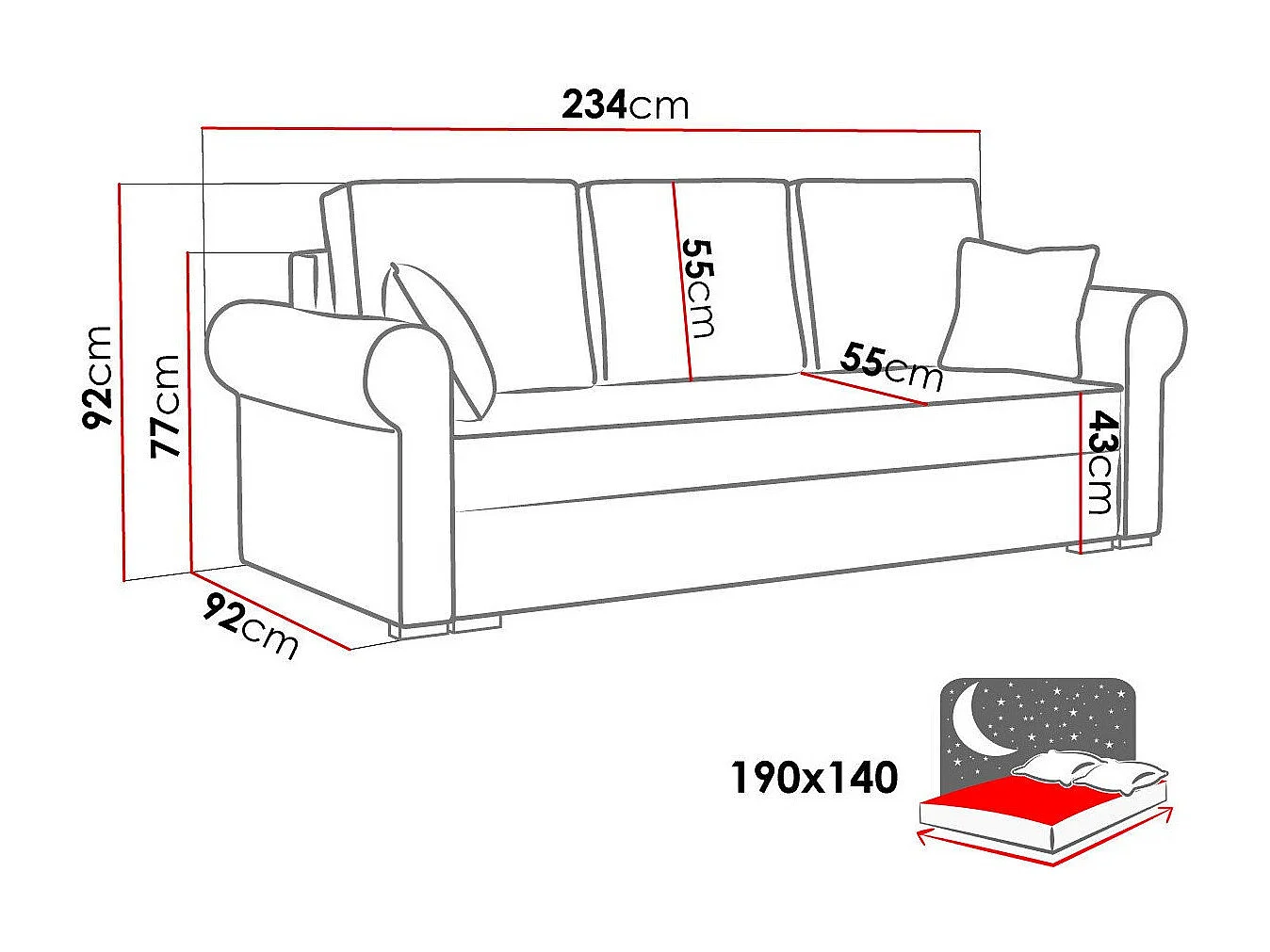 Divano letto Columbus 130, Con, 92x234x92cm