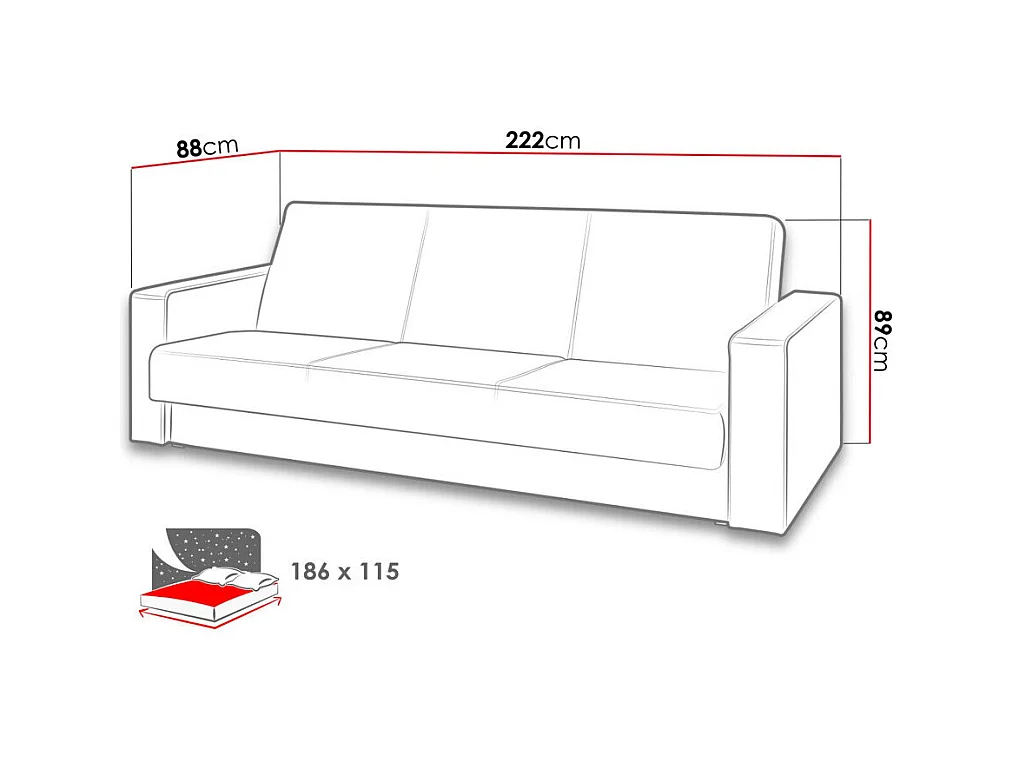 Sofá cama Providence 164, Cama com arrumação, 9x22x9cm