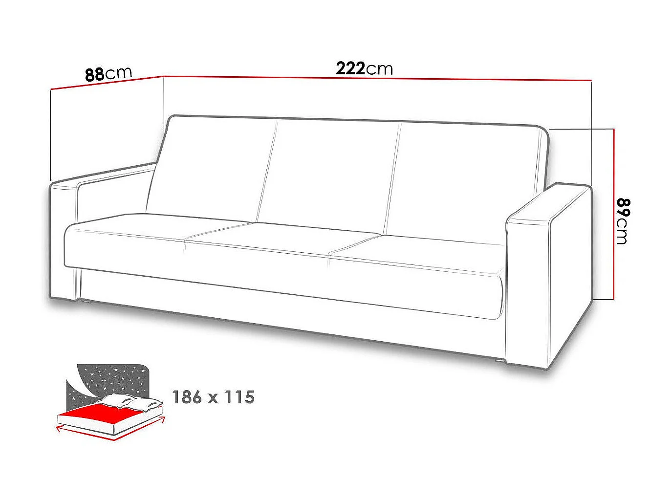 Sofá cama Providence 164, Cama com arrumação, 9x22x9cm