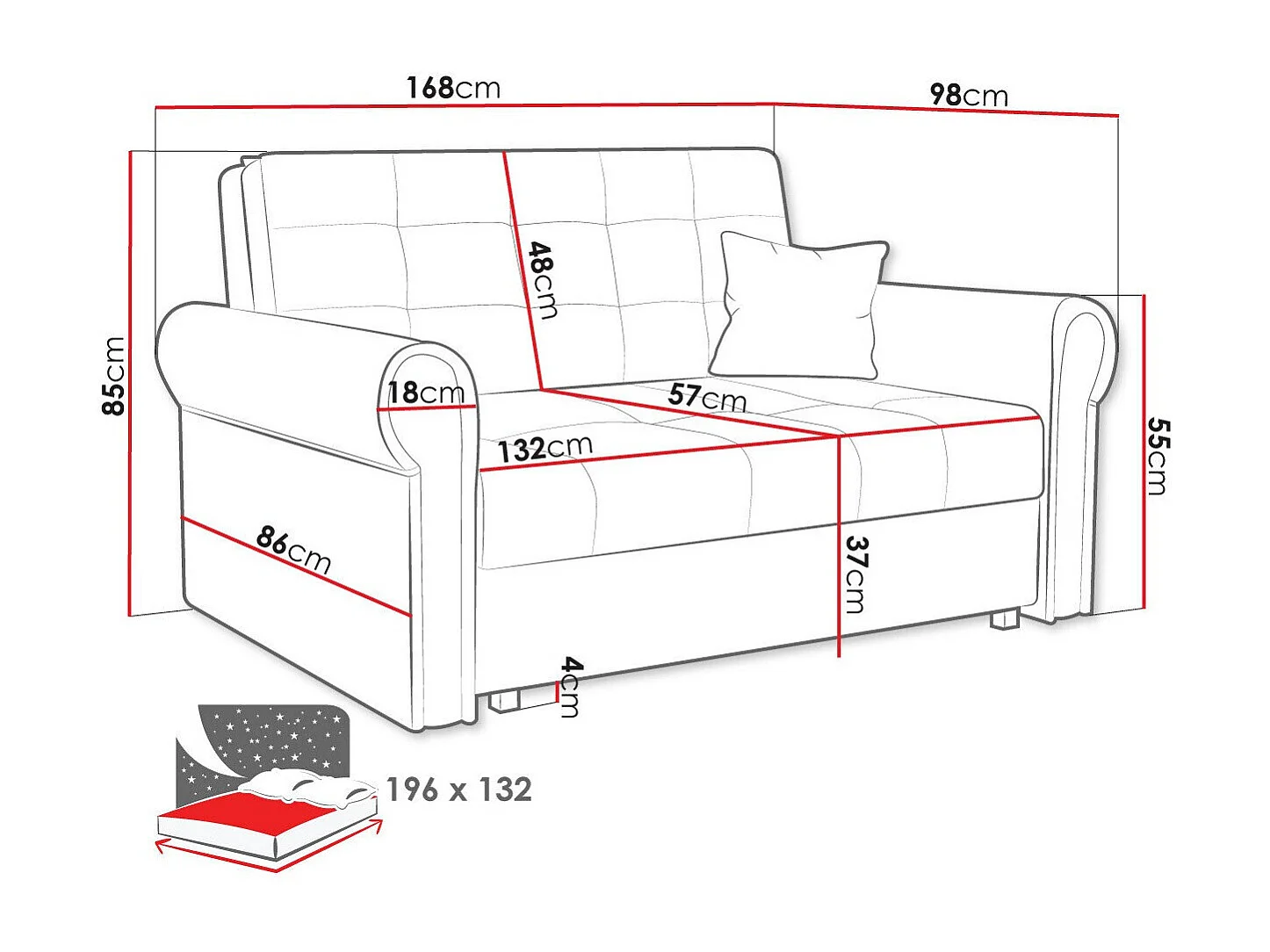 Sofá-cama Columbus 129, Cama com arrumação, 9x17x10cm