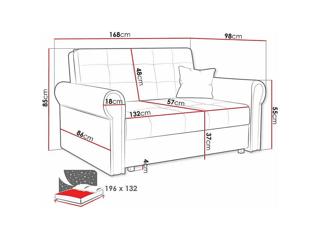 Canapé convertible Columbus 129, Boîte de literie, 85x168x98cm, Mobilier déjà assemblé