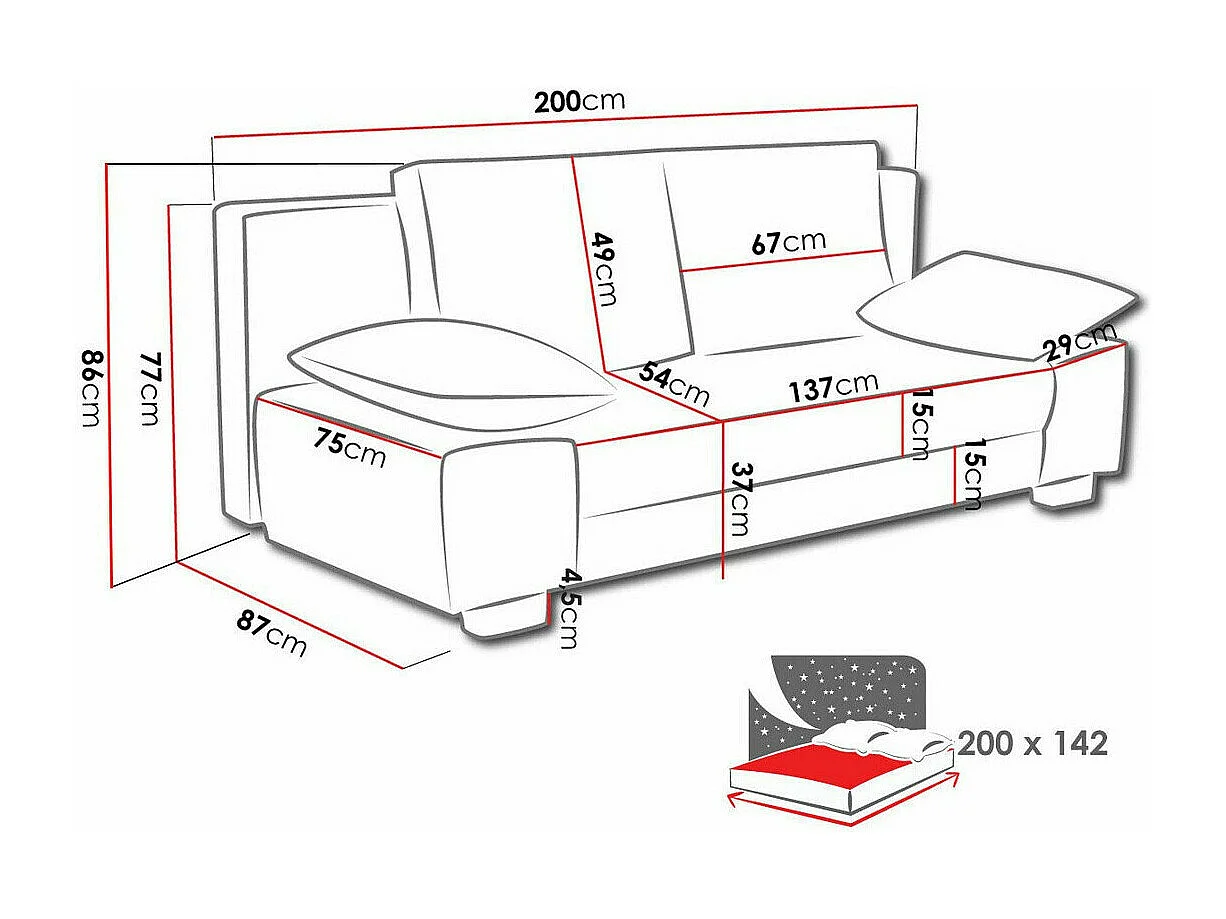 Sofá-cama Comfivo 145, Caja de ropa de cama, 77x200x87cm