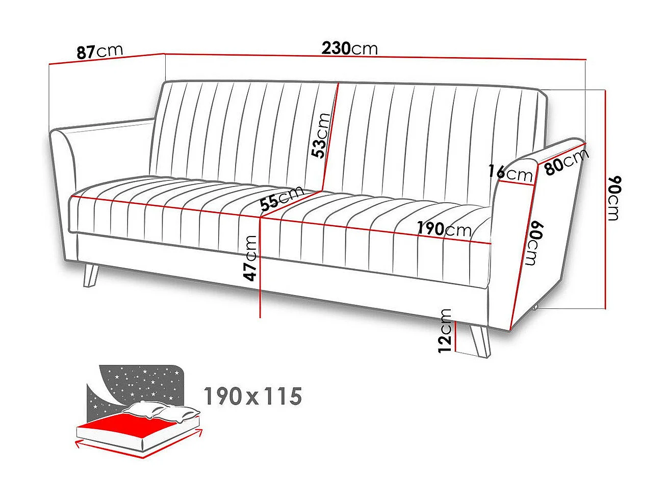 Canapé convertible Columbus 144, Disponible, 90x230x87cm
