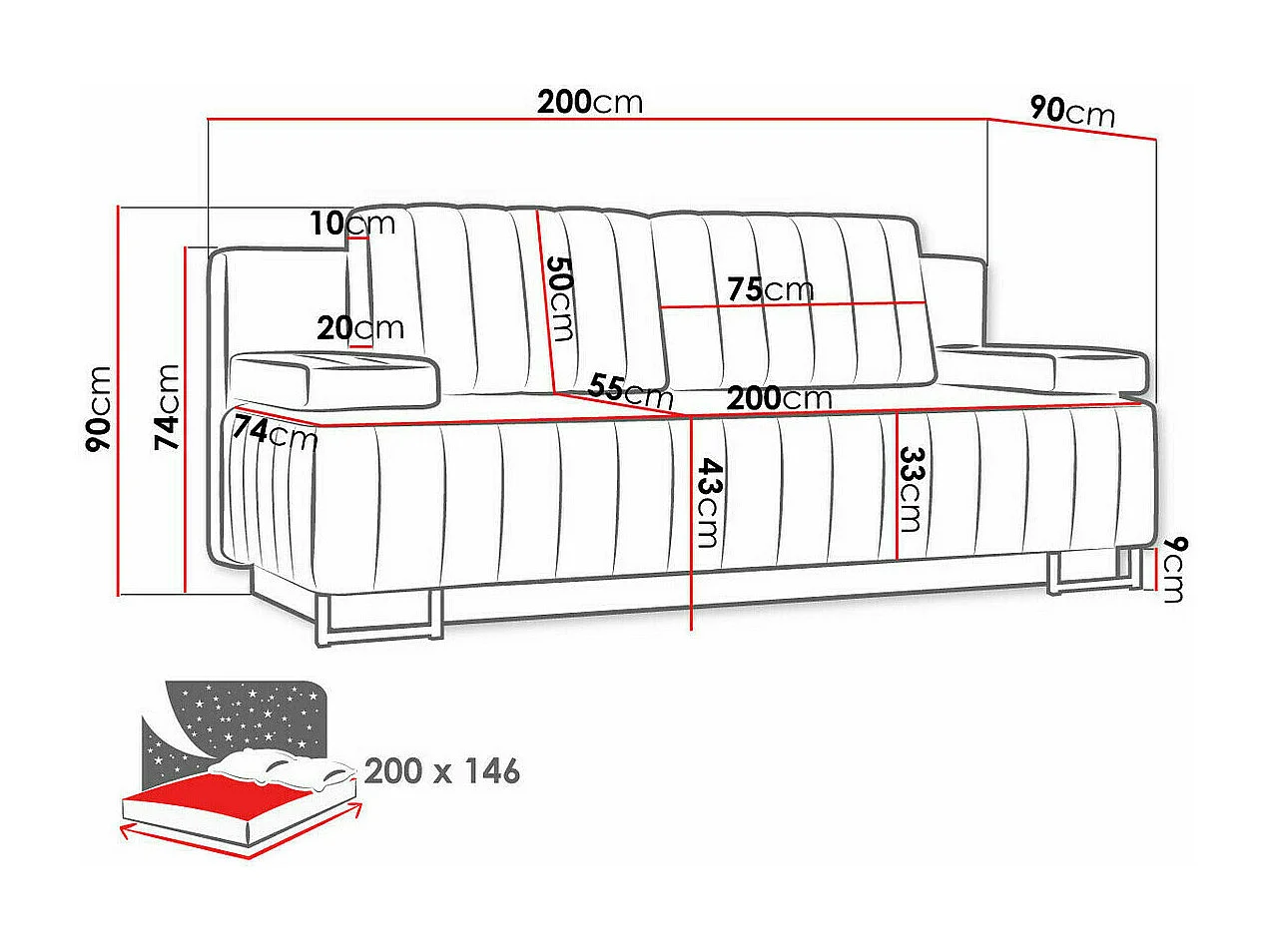 Sofá-cama Columbus 152, Almacenaje, 90x200x90cm, Muebles ya montados
