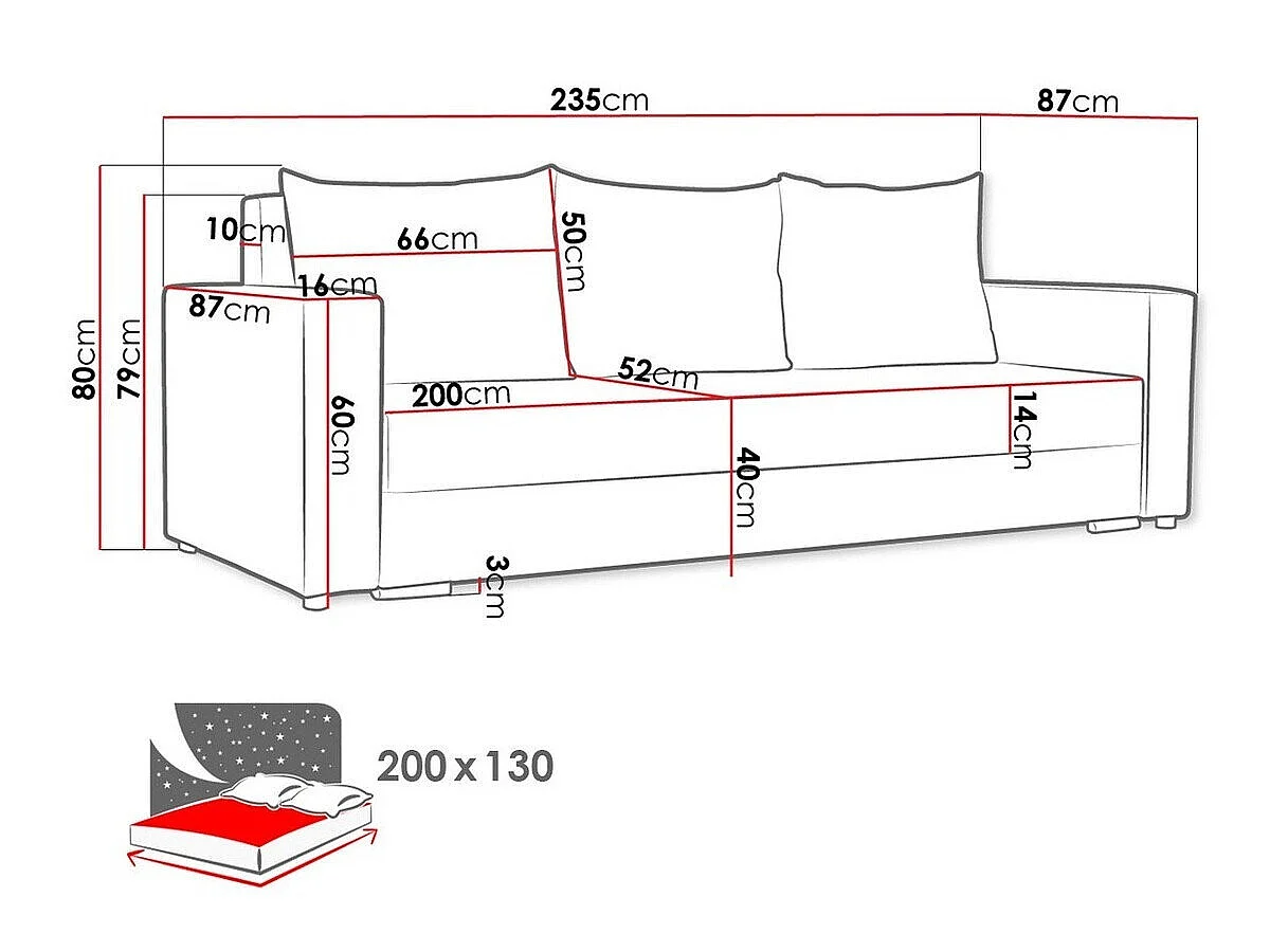 Canapé convertible 4 places en tissu rouge MUNCIE 80x235x87 cm