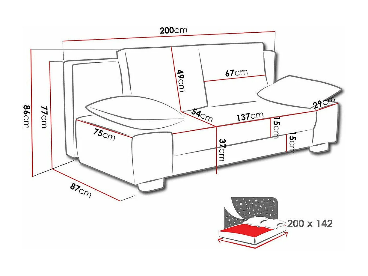 Sofá-cama Comfivo 145, Caixa para roupa de cama, 77x200x87cm