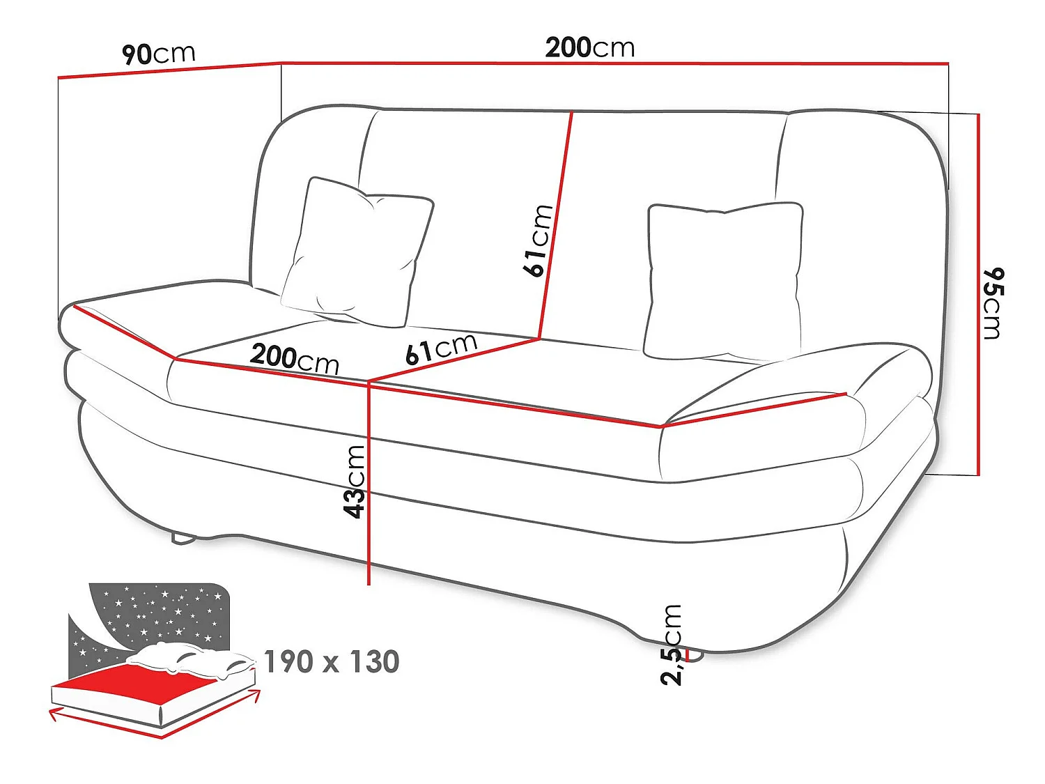Sofá cama Comfivo Silva I, Almacenaje, 95x200x90cm