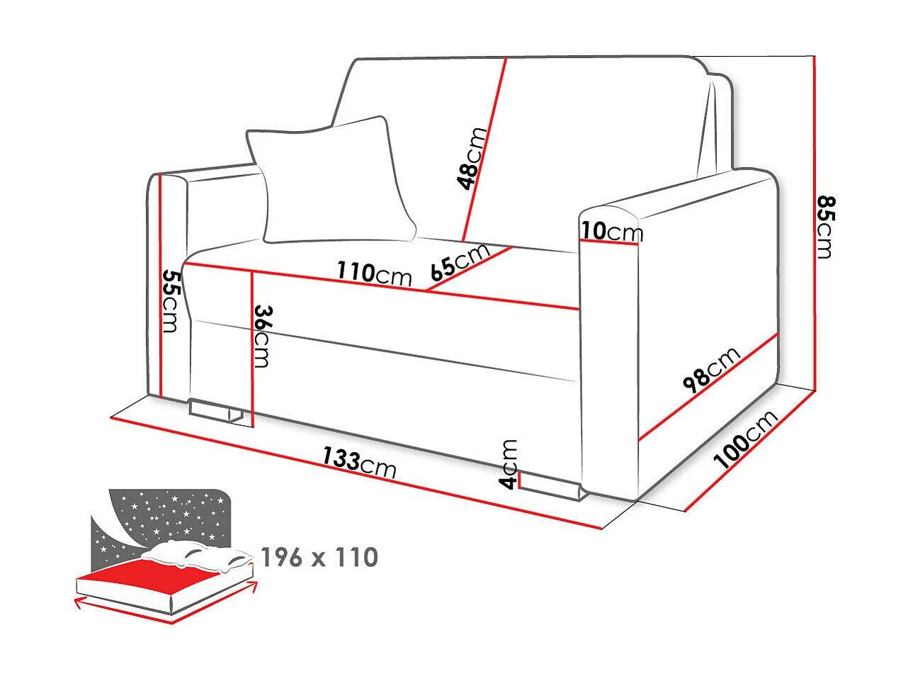Canapé convertible Solrin II, Disponible, 85x133x100cm, Mobilier déjà assemblé