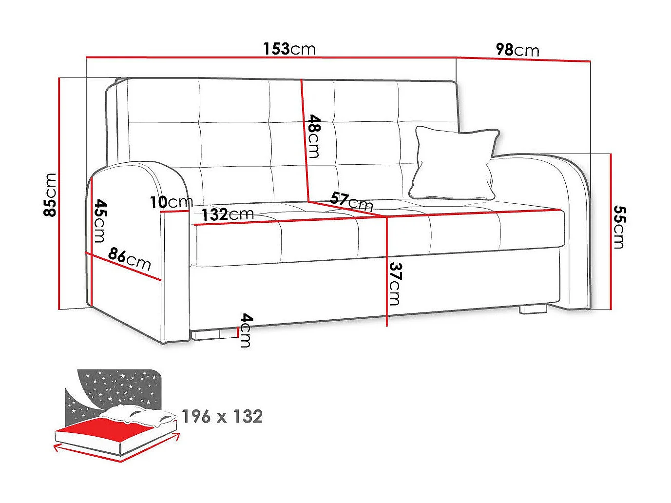 Sofá cama Columbus 116, Cama com arrumação, 9x15x10cm