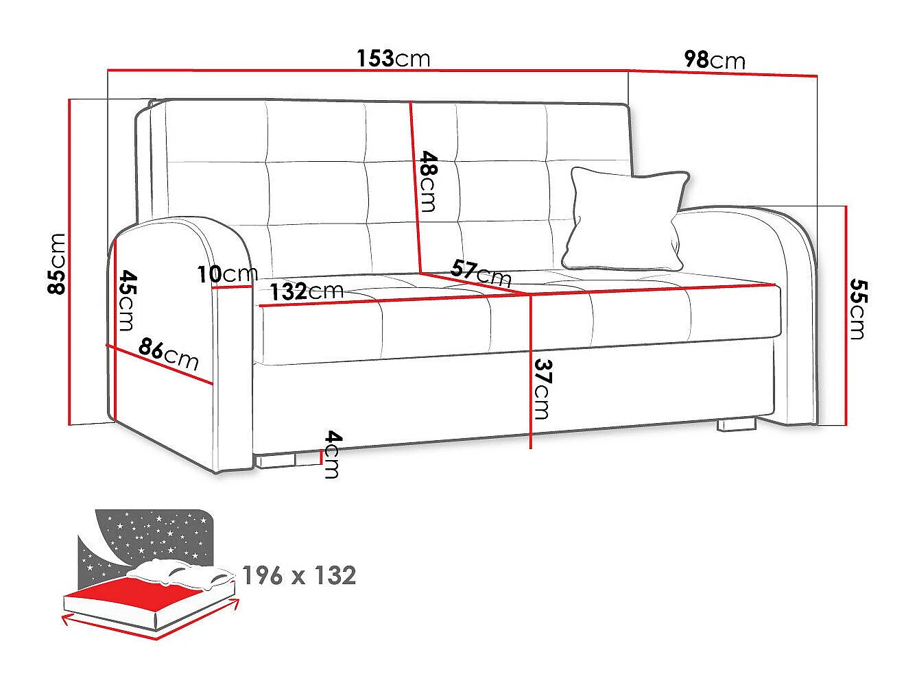 Canapé convertible 2 places en tissu rouge COLUMBUS 85x153x98 cm