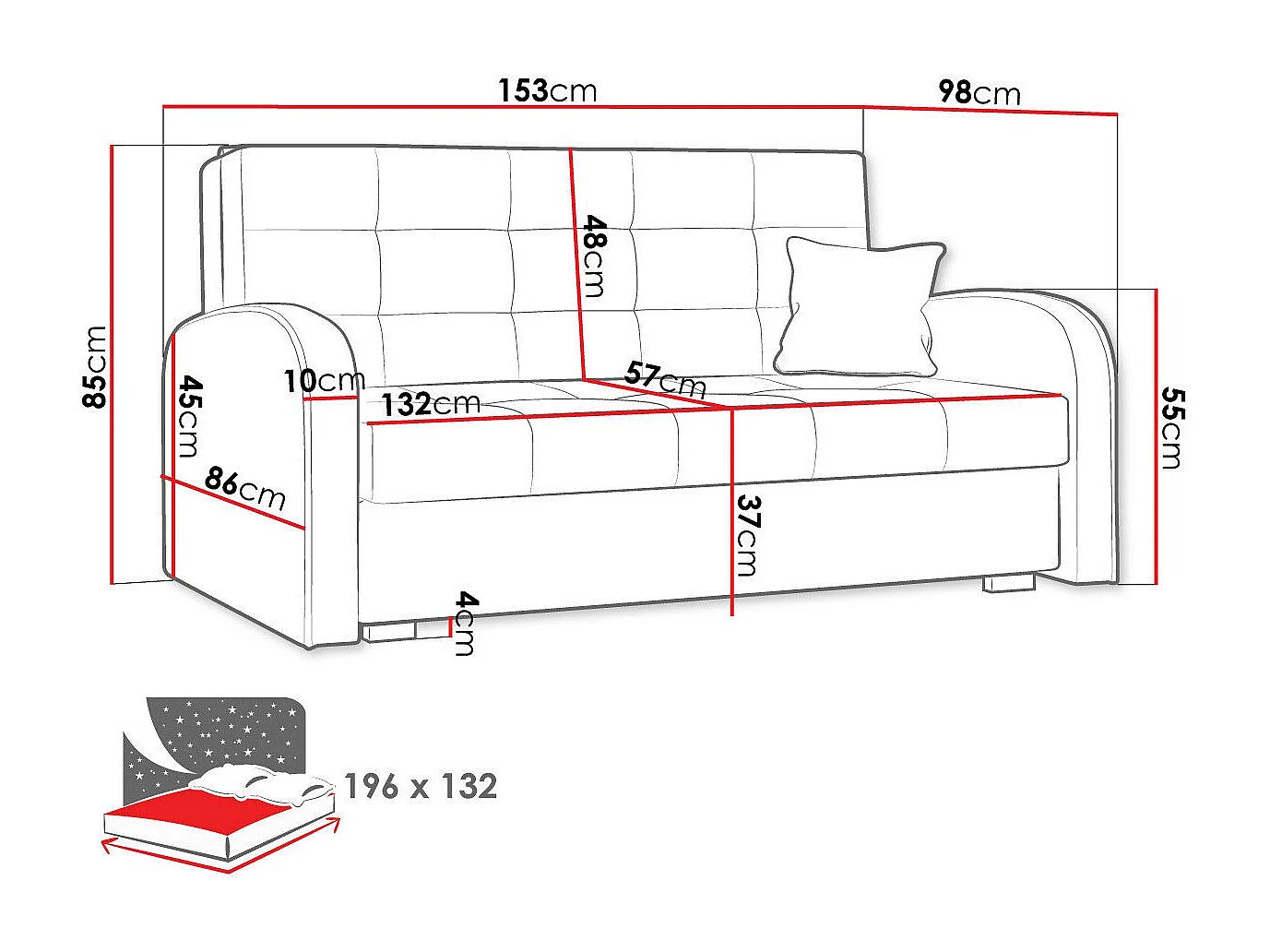 Sofá-cama Columbus 116, Almacenaje, 85x153x98cm, Muebles ya montados