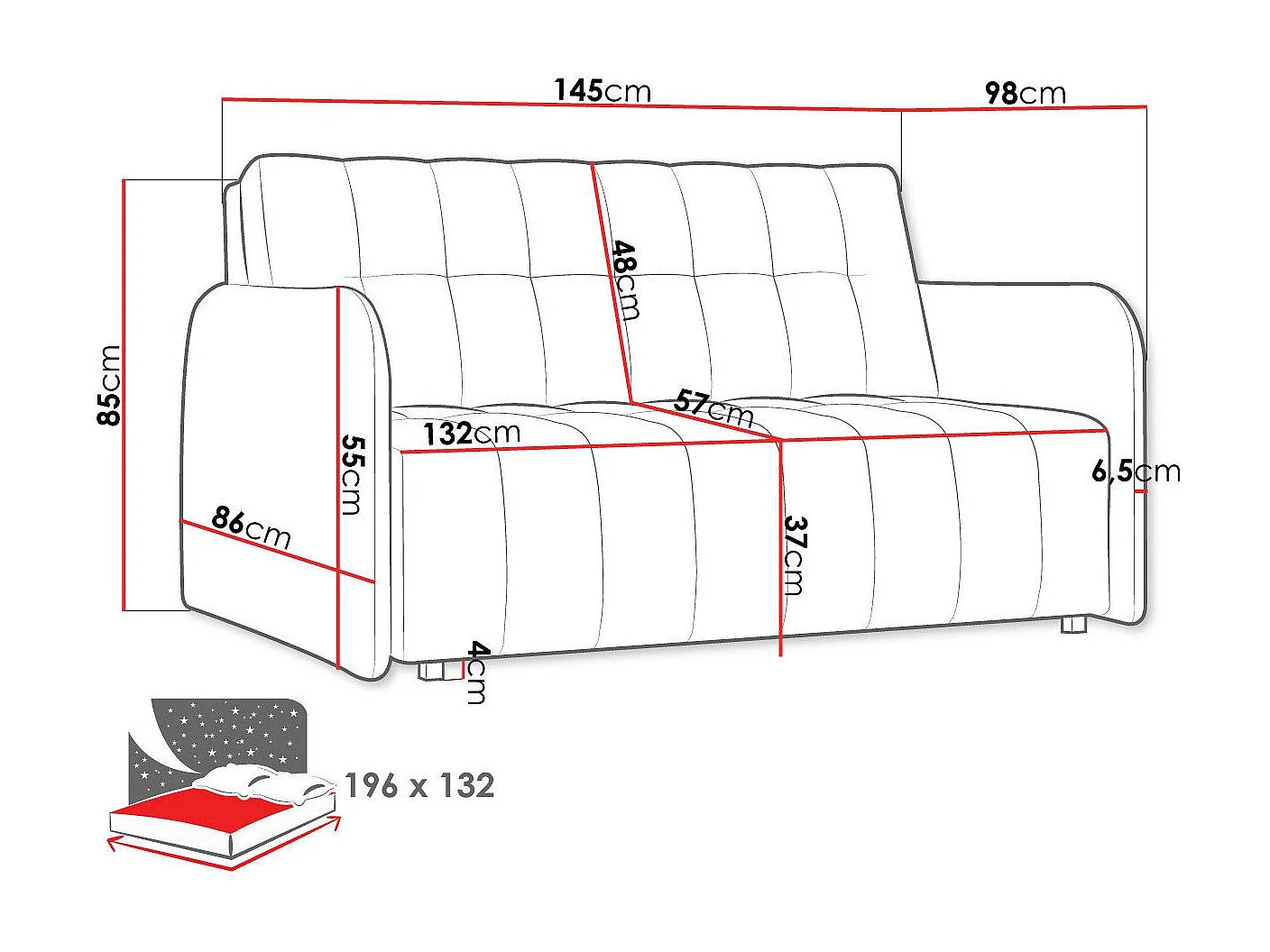 Canapé convertible Columbus 178, Boîte de literie, 85x145x98cm, Mobilier déjà assemblé
