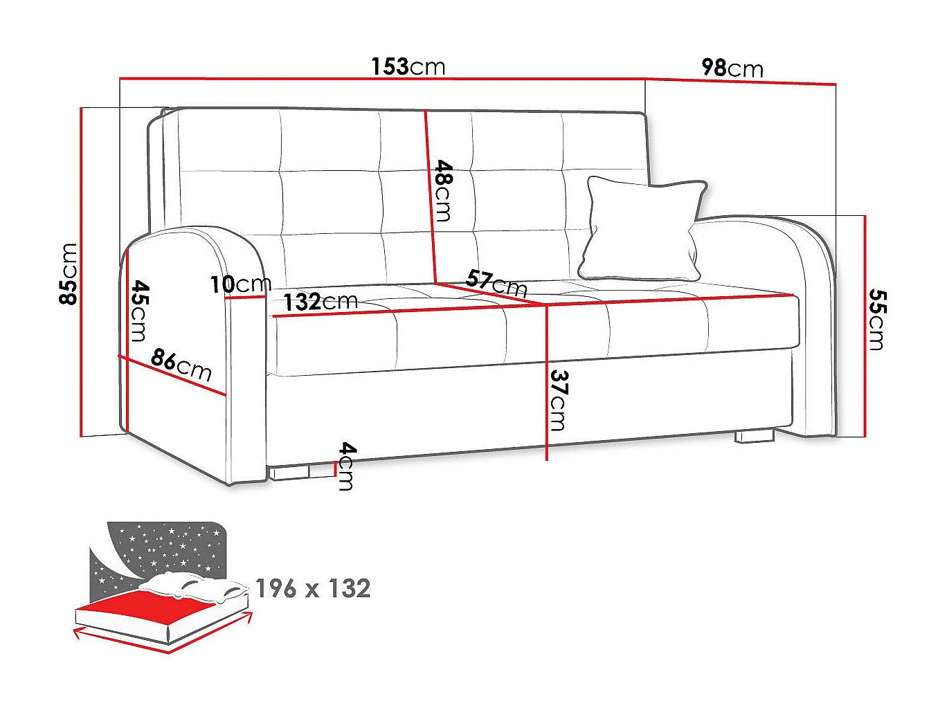 Canapé convertible Columbus 116, Disponible, 85x153x98cm, Mobilier déjà assemblé