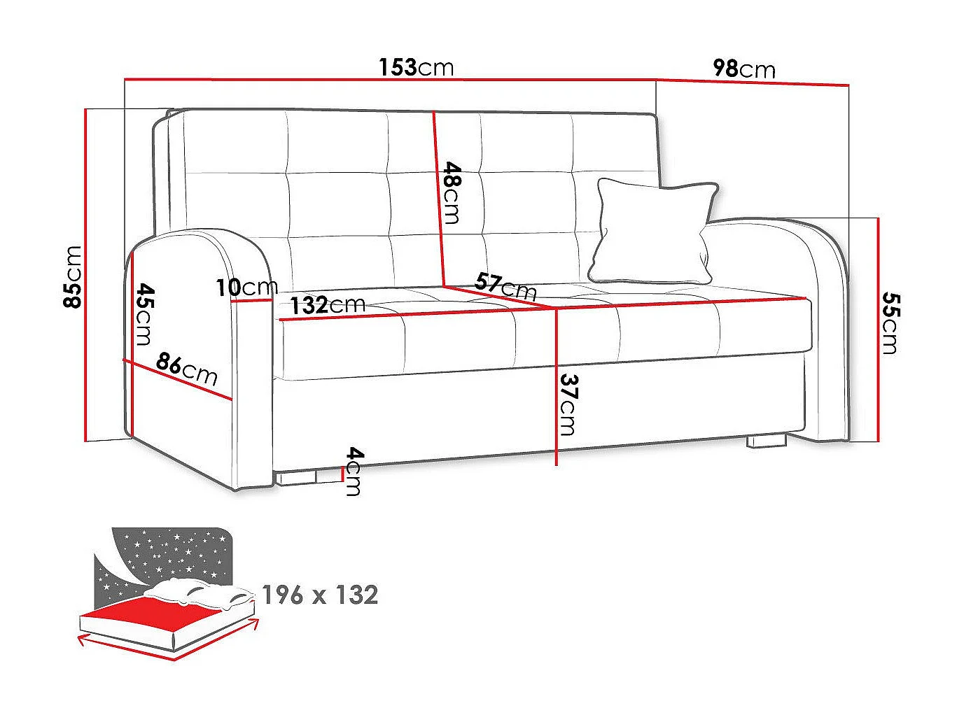 Canapé convertible Columbus 116, Disponible, 85x153x98cm, Mobilier déjà assemblé