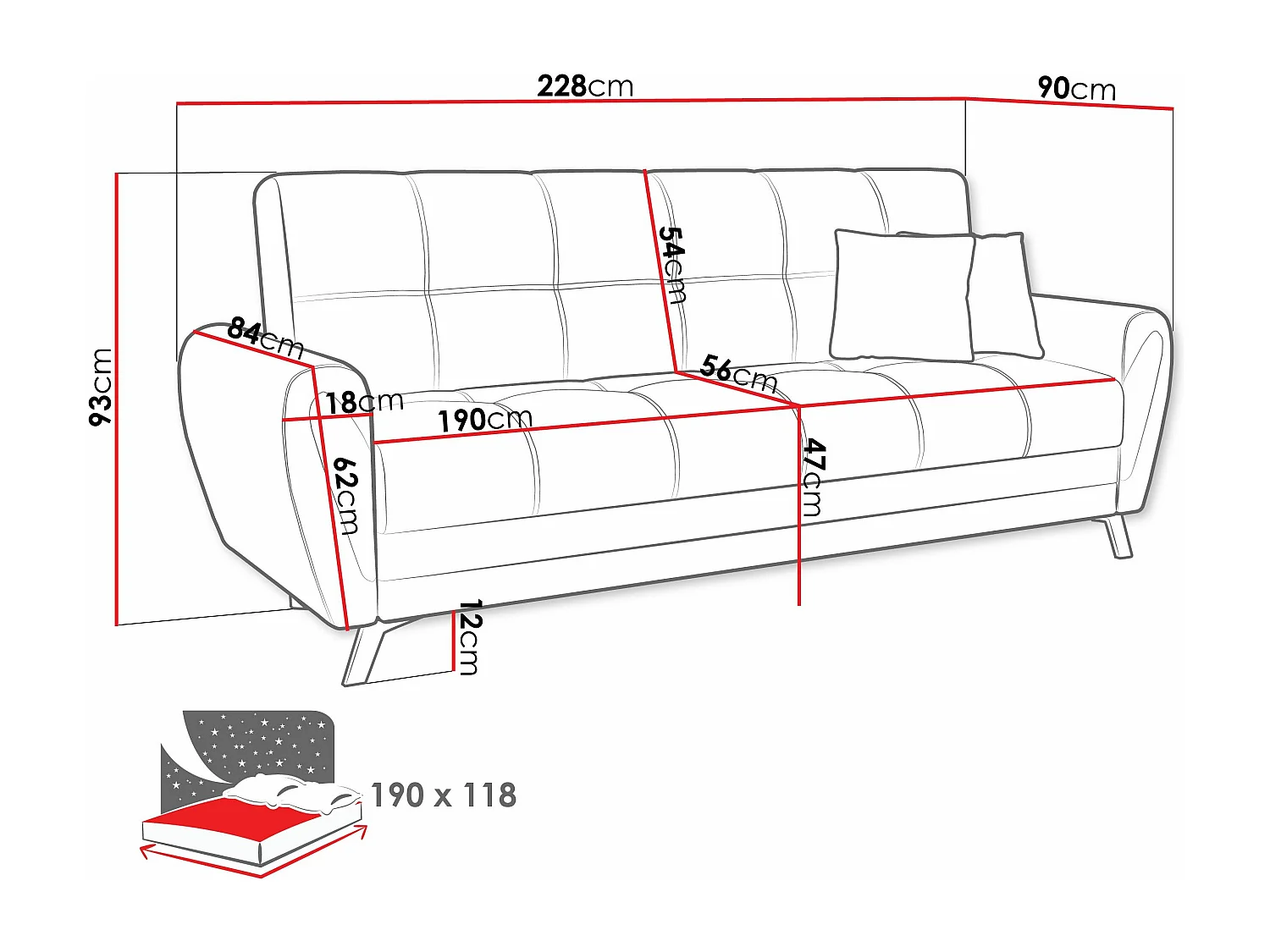 Canapé convertible Columbus 156, Disponible, 93x228x90cm