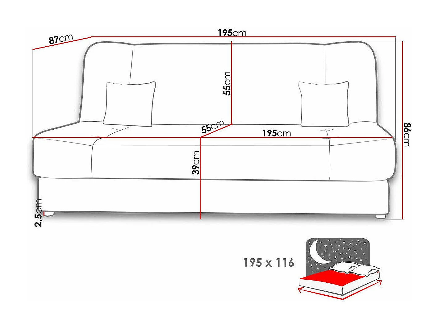 Sofá-cama Comfivo 124, Almacenaje, 86x195x87cm