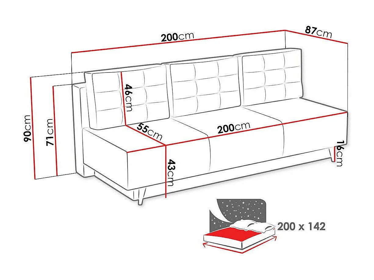Sofá-cama Columbus 140, Almacenaje, 90x200x87cm