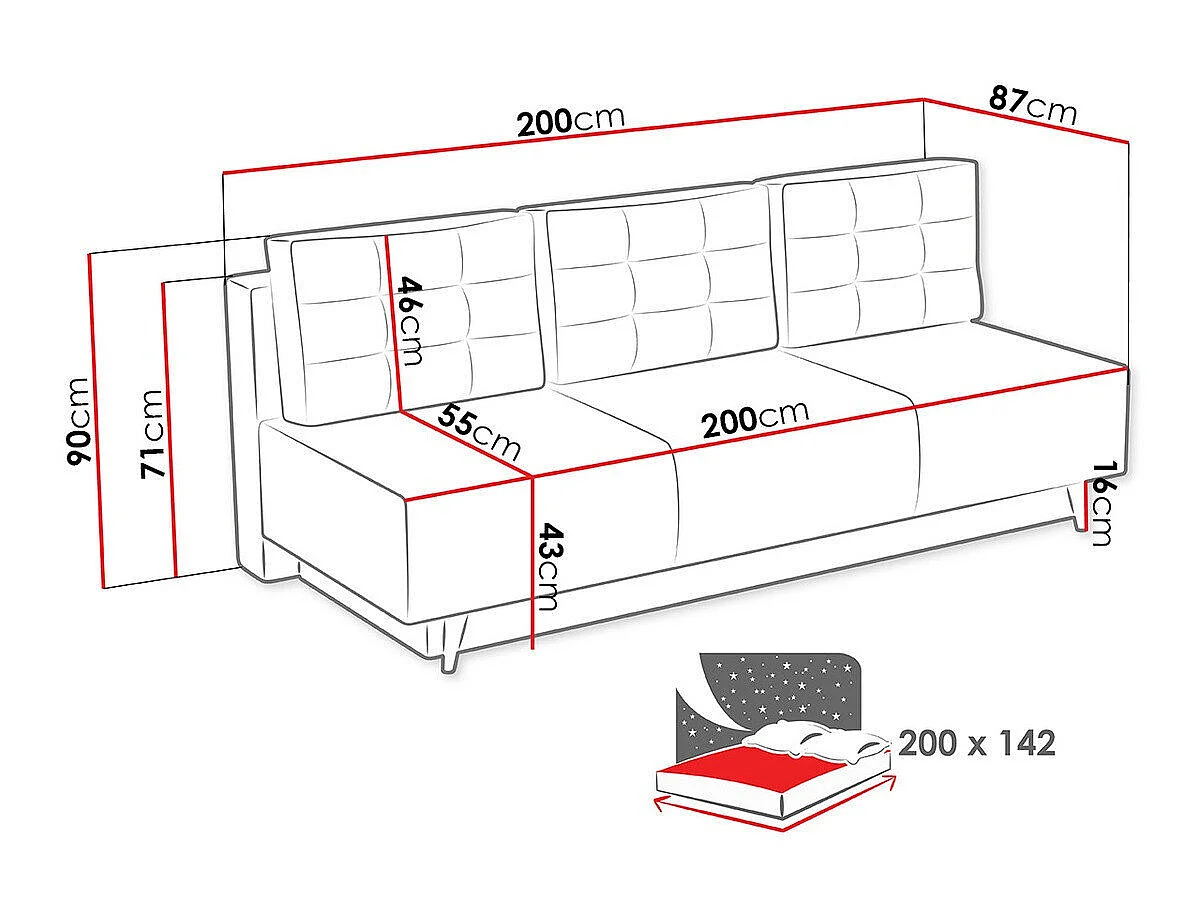 Canapé convertible 4 places en tissu gris COLUMBUS 90x200x87 cm