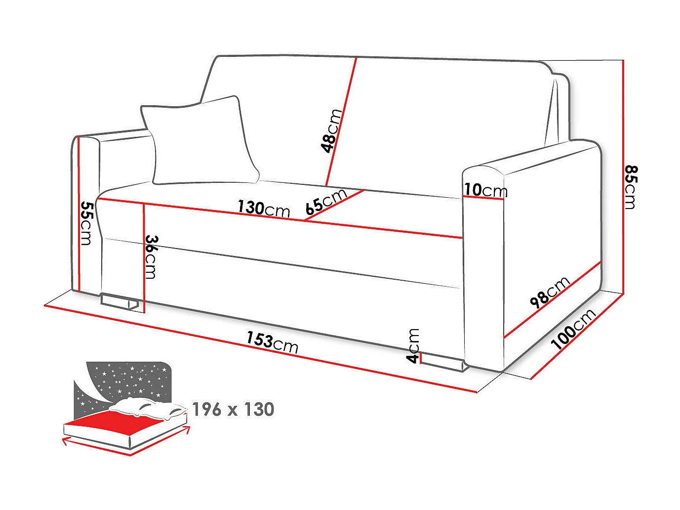 Canapé convertible Columbus 205, Disponible, 85x153x100cm, Mobilier déjà assemblé