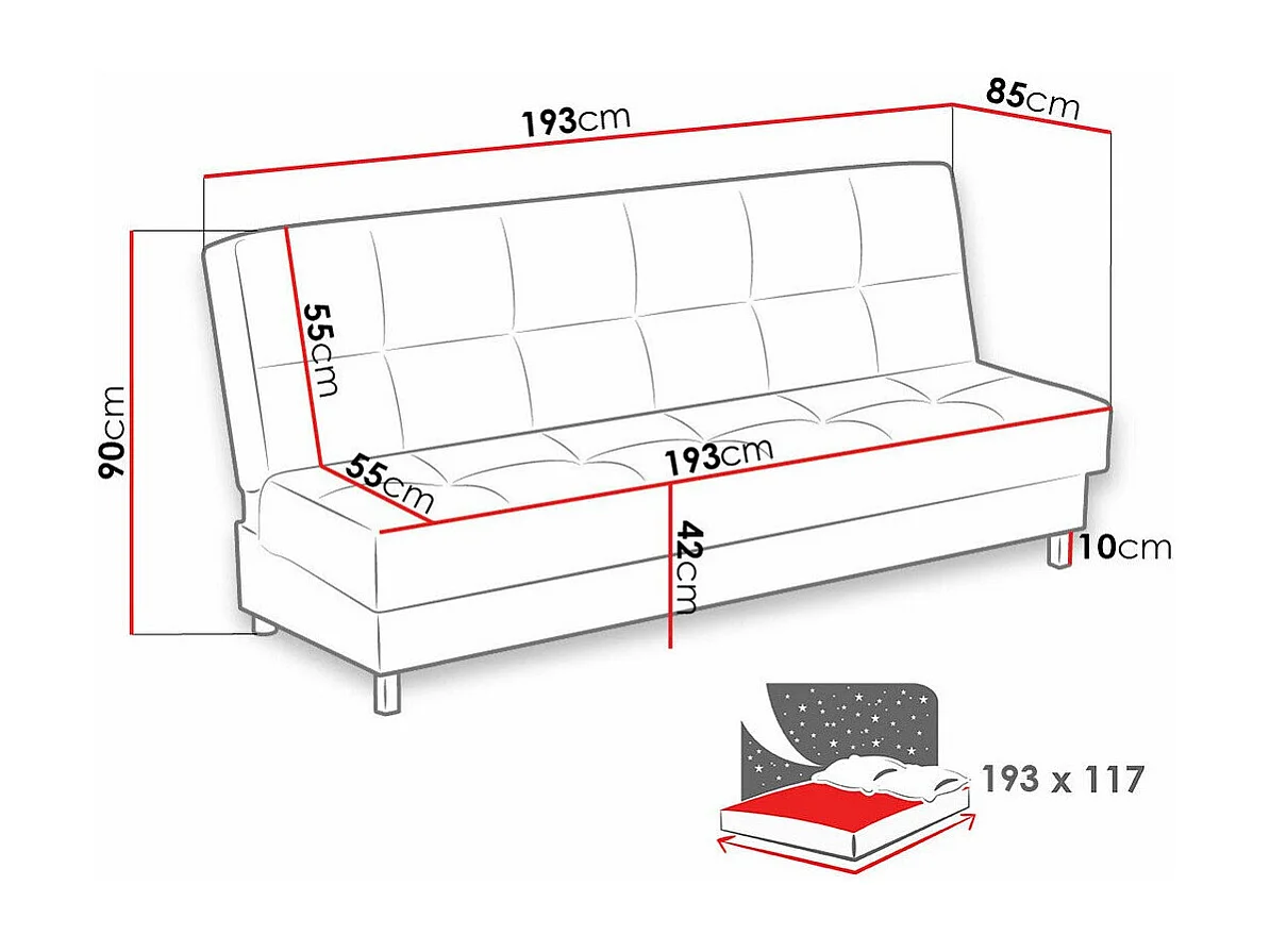 Canapé convertible Columbus 107, Disponible, 90x193x85cm