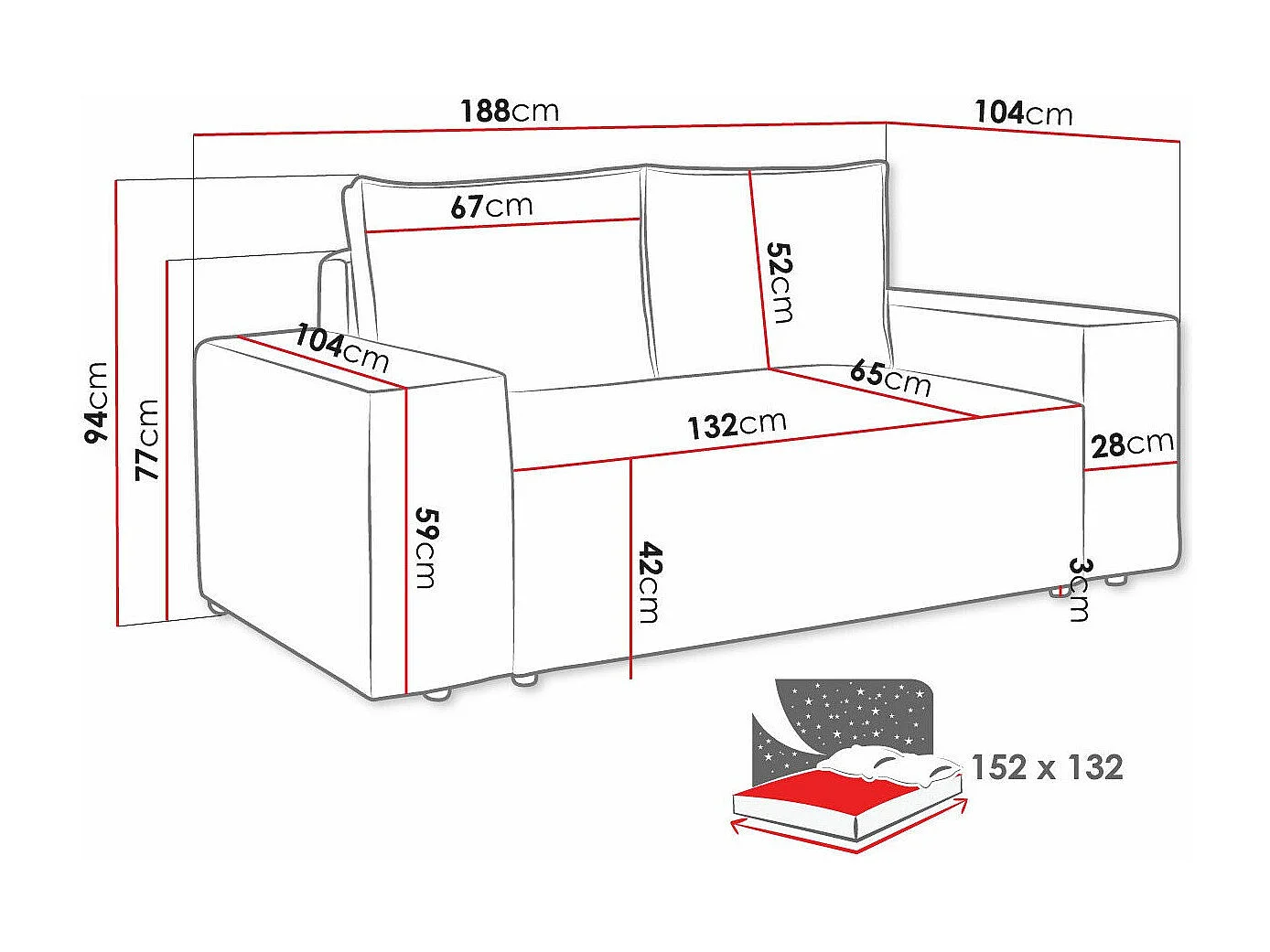 Canapé convertible Clovis 107, Boîte de literie, 94x188x104cm