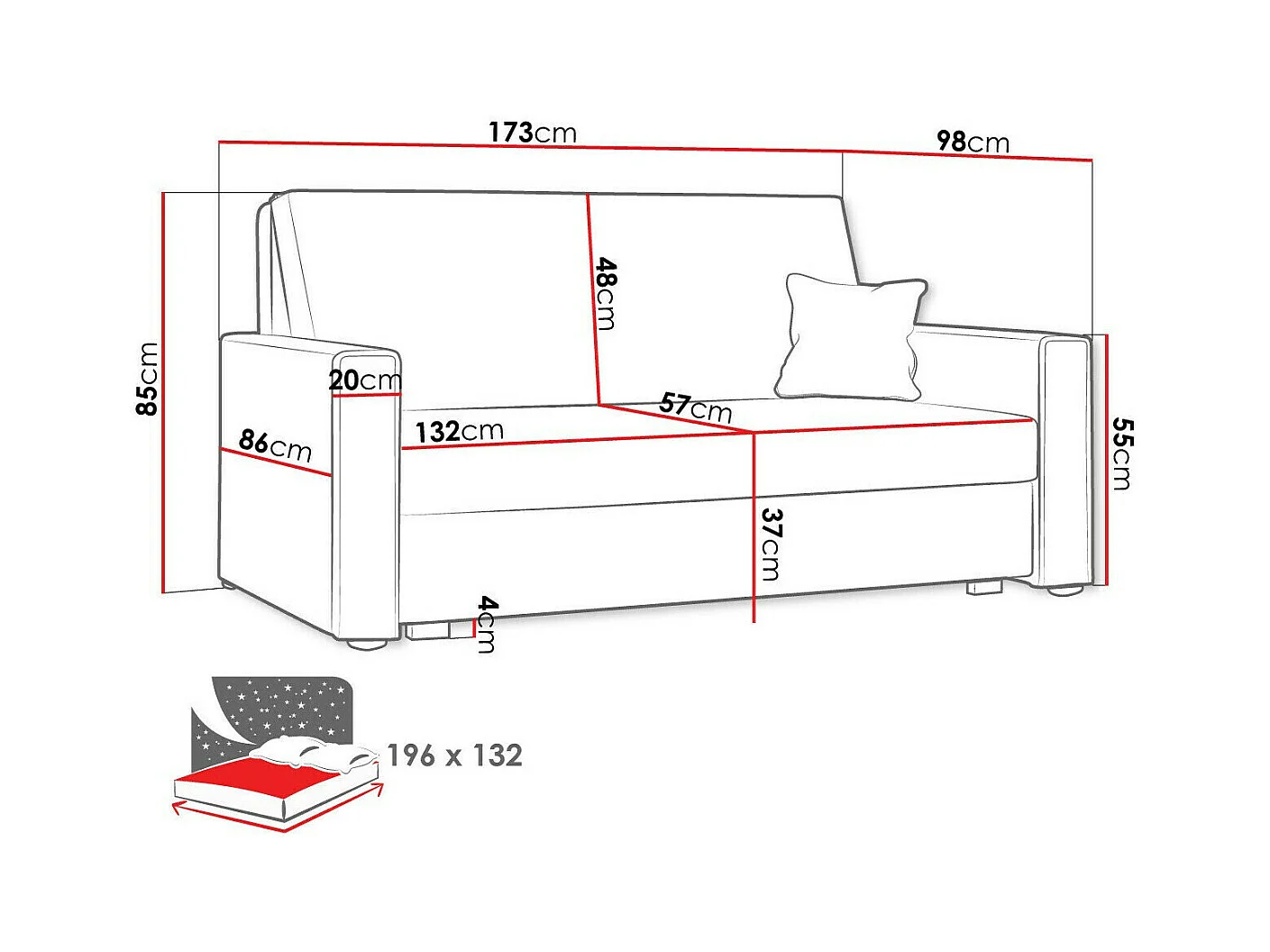 Canapé convertible Columbus 182, Boîte de literie, 85x173x98cm, Mobilier déjà assemblé