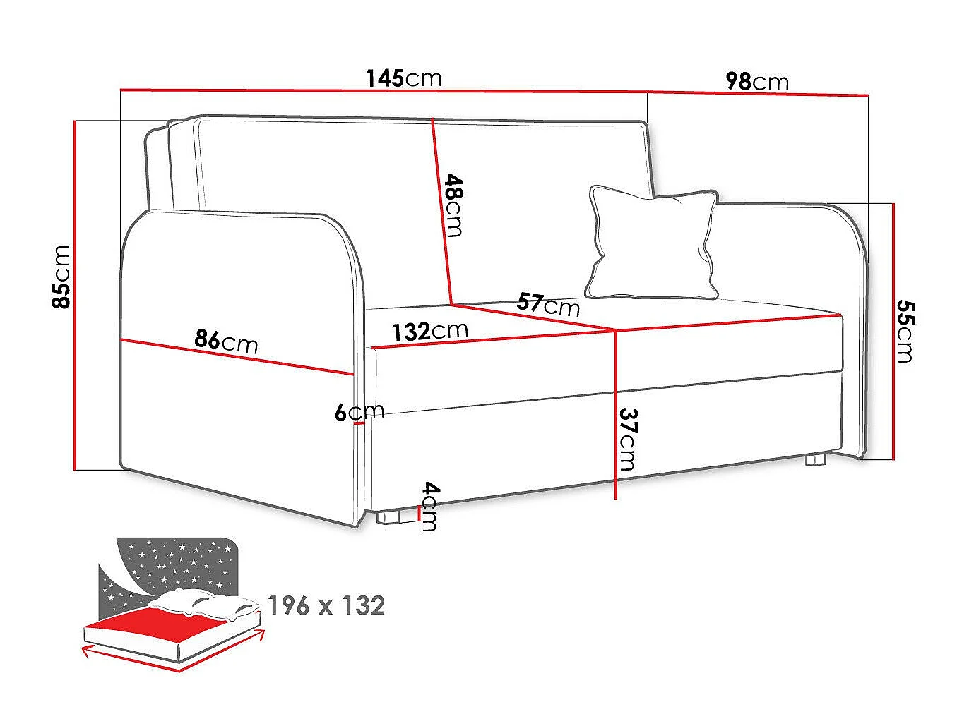 Sofá cama Lirael III, Almacenaje, 85x145x98cm, Muebles ya montados