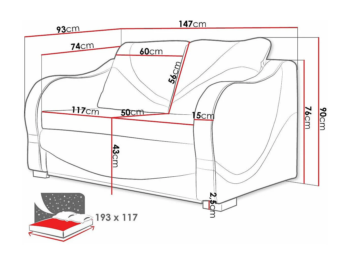 Sofá-cama Decatur 102, Cama com arrumação, 9x15x9cm