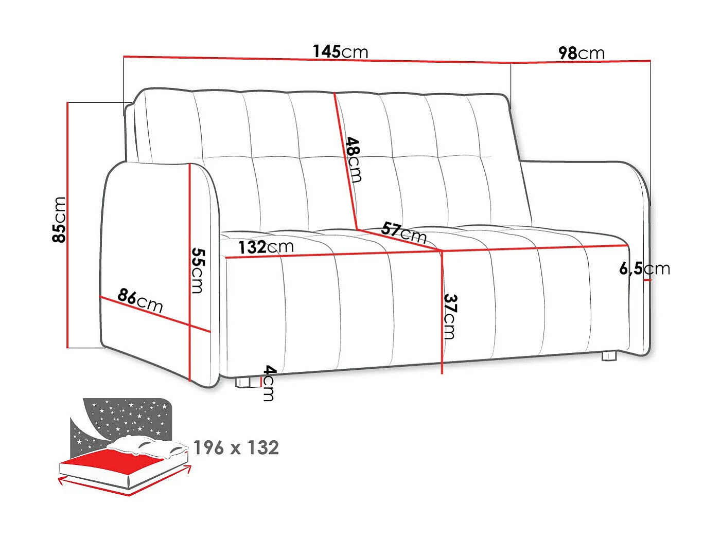 Sofá-cama Columbus 178, Almacenaje, 85x145x98cm, Muebles ya montados