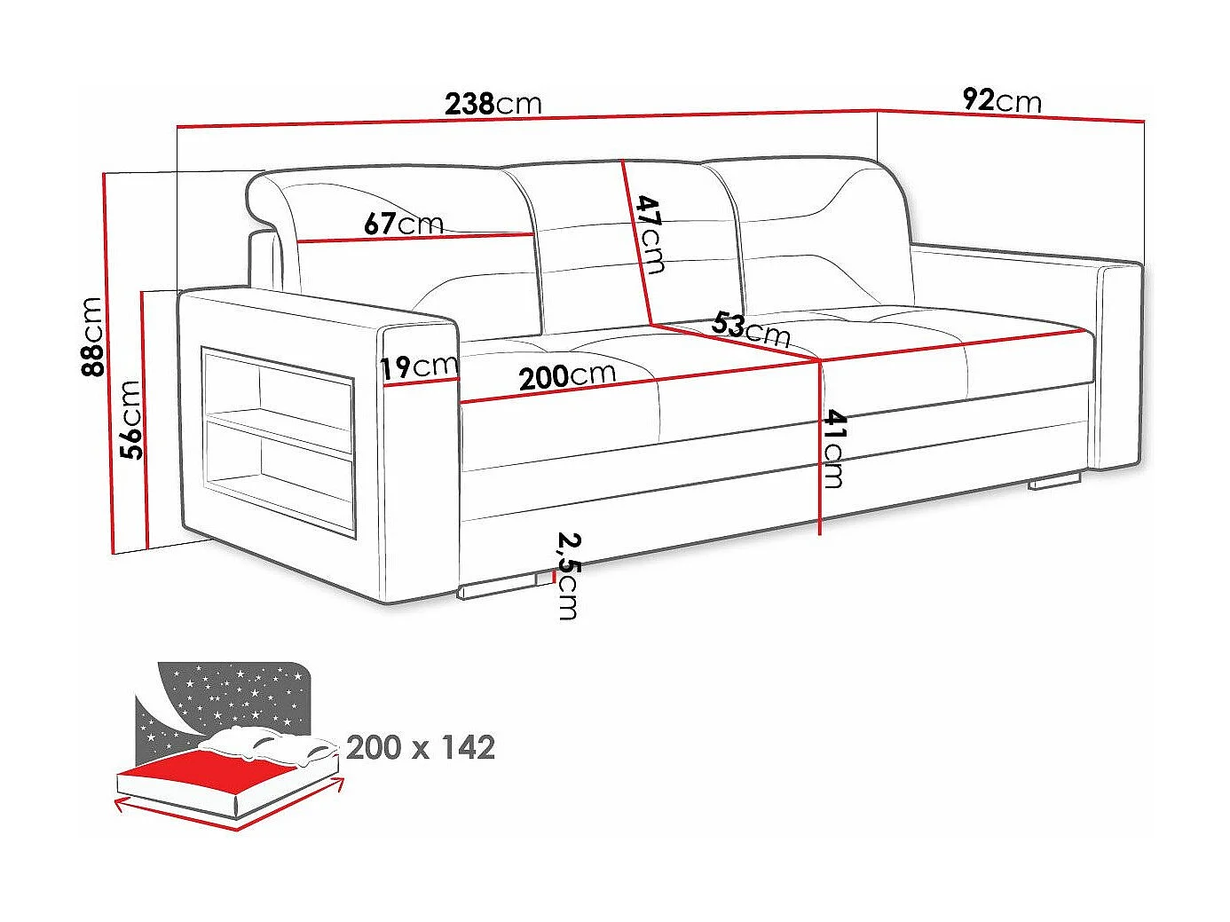 Sofá-cama Decatur 106, Almacenaje, 88x236x92cm