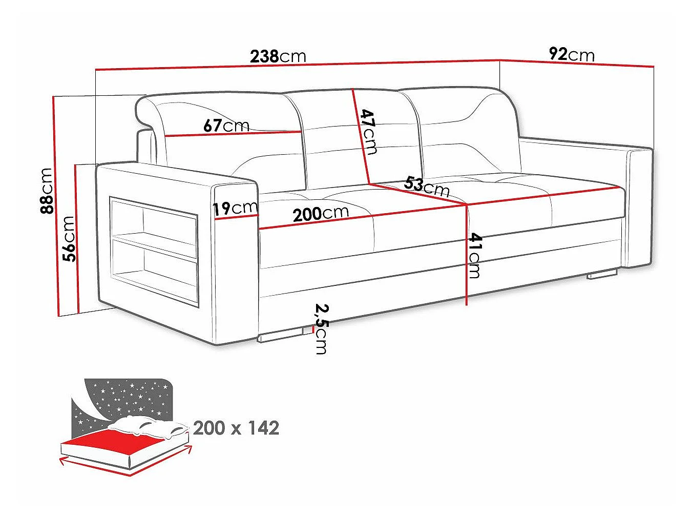 Canapé convertible 4 places en tissu gris DECATUR 88x236x92 cm