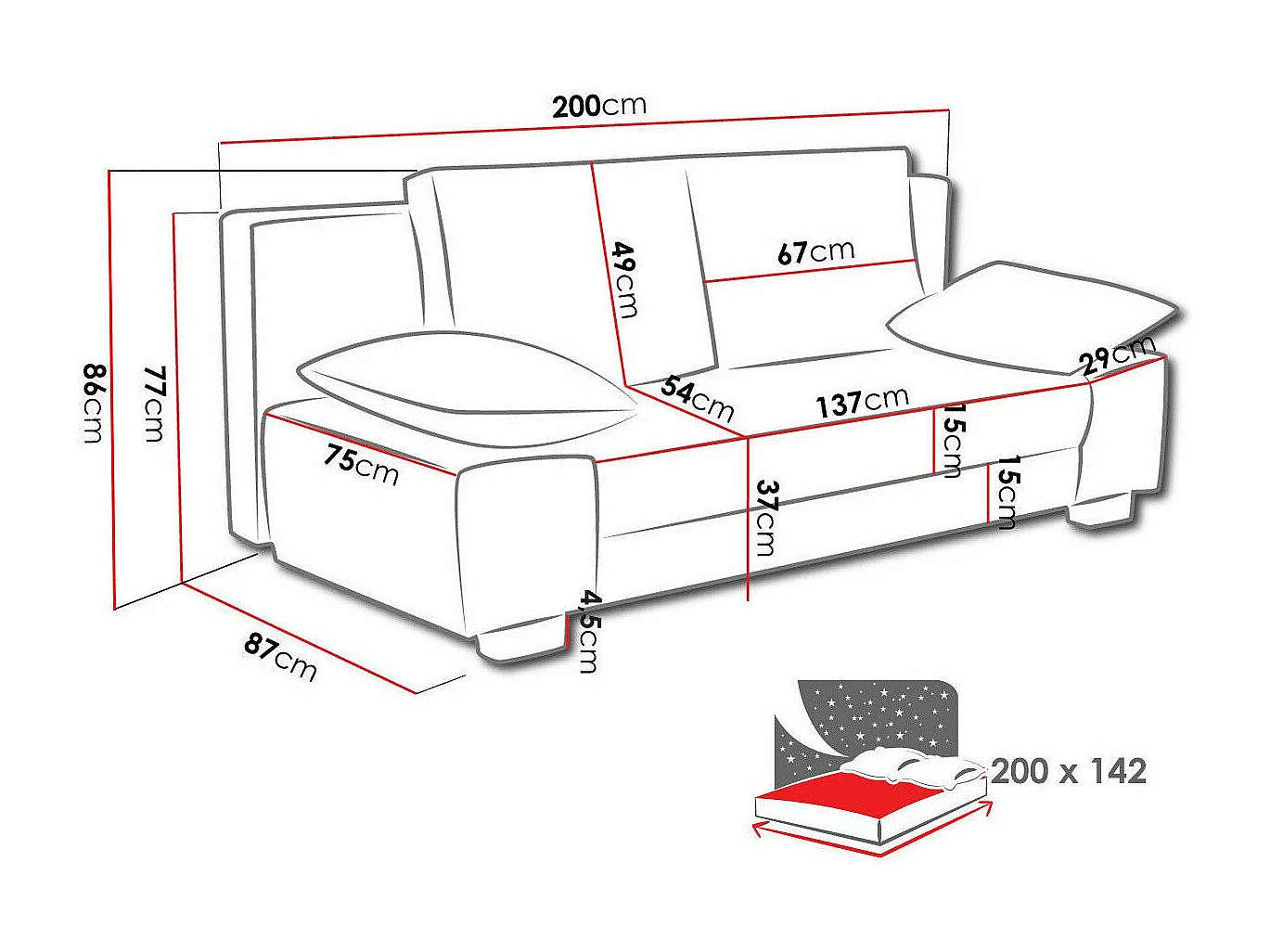 Sofá-cama Comfivo 145, Caja de ropa de cama, 77x200x87cm