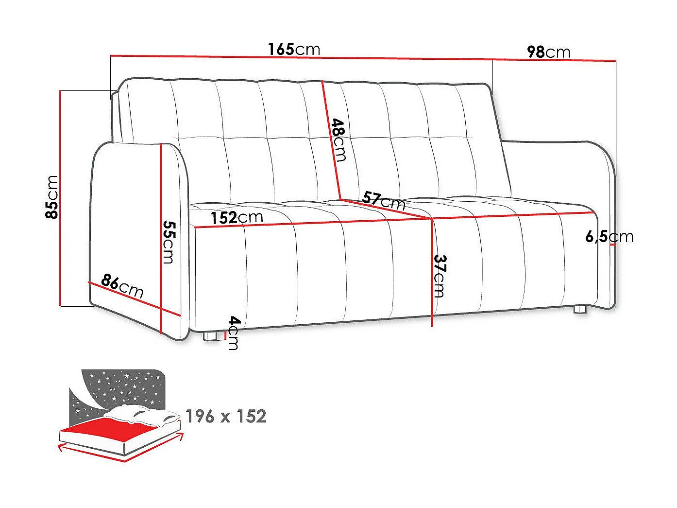 Canapé convertible Columbus 179, Disponible, 85x165x98cm, Mobilier déjà assemblé