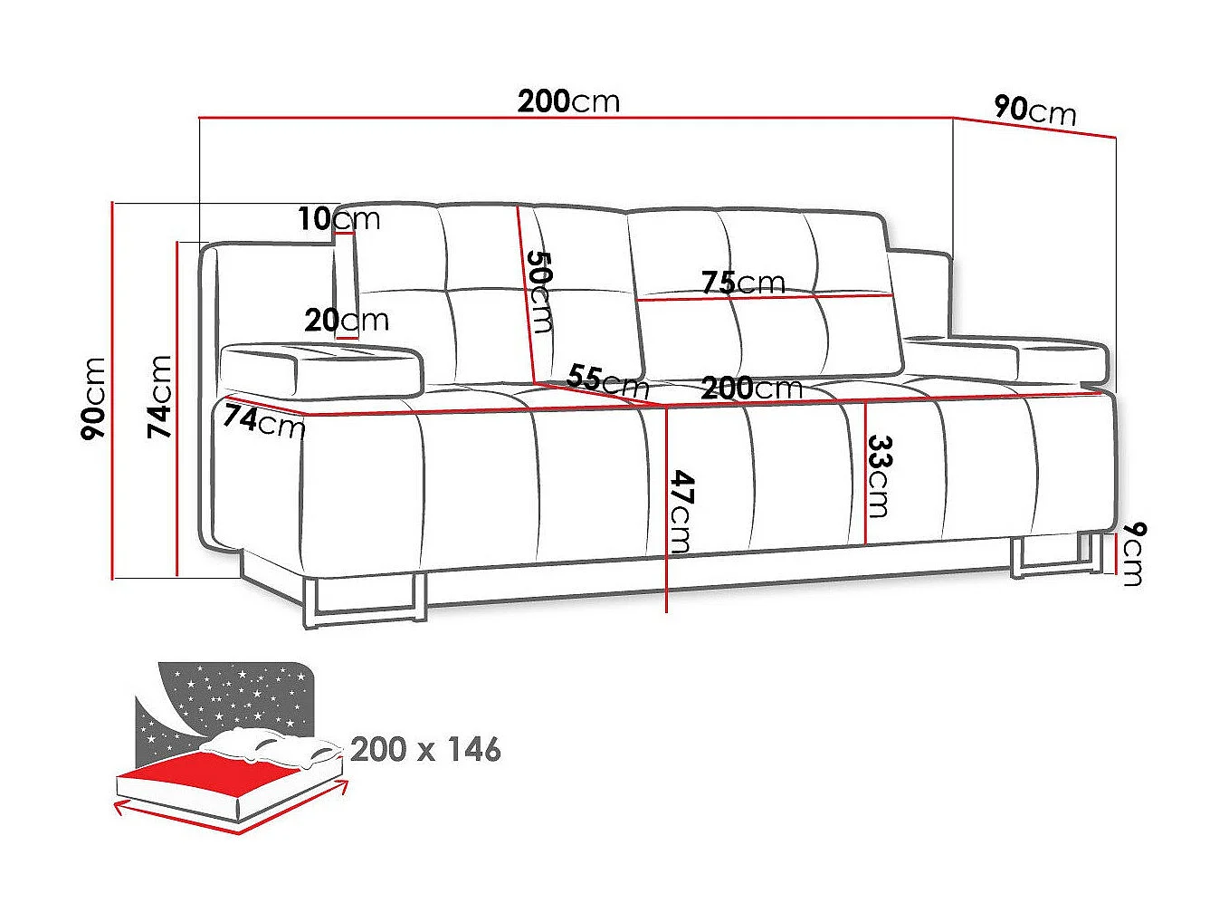 Sofá cama Columbus 151, Cama com arrumação, 9x20x9cm