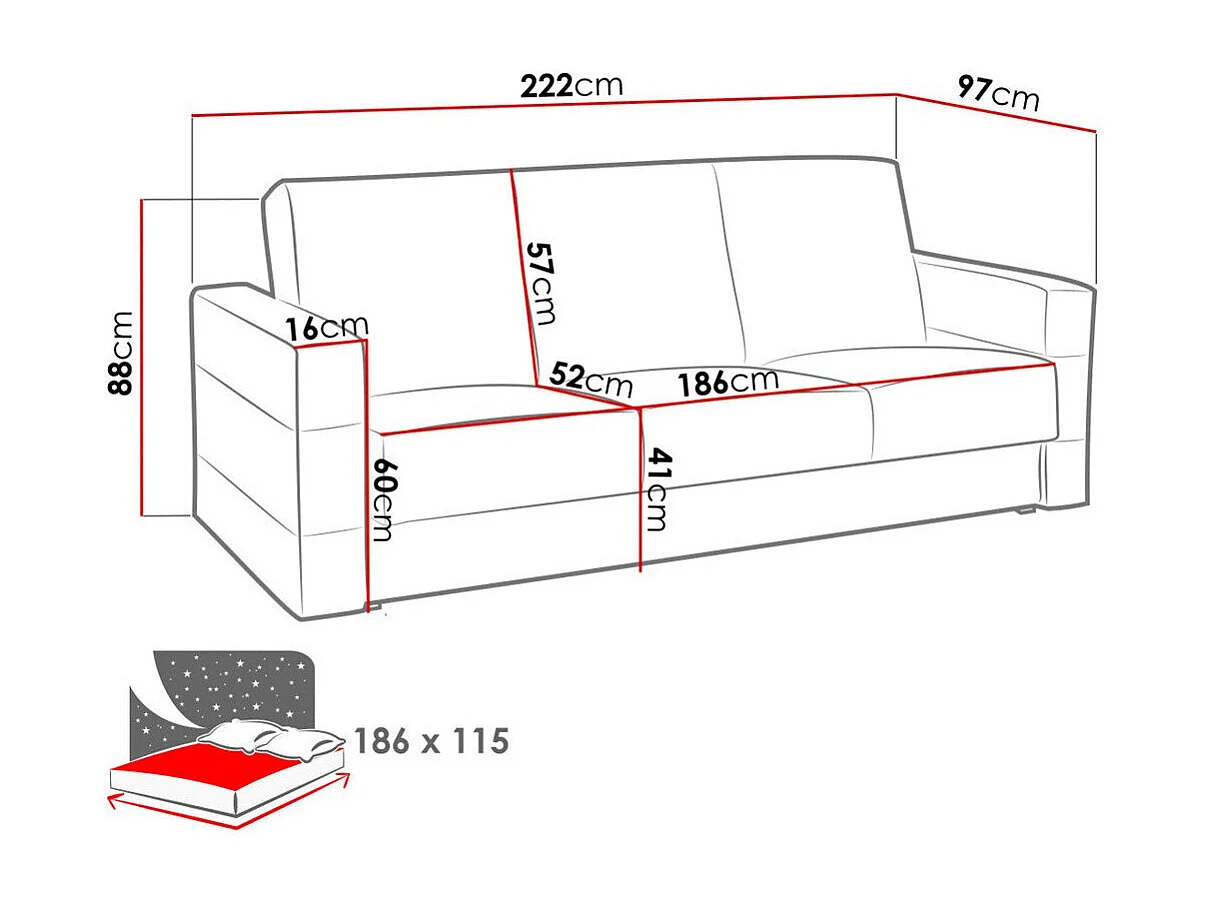 Sofá cama Providence 169, Cama com arrumação, 9x22x10cm