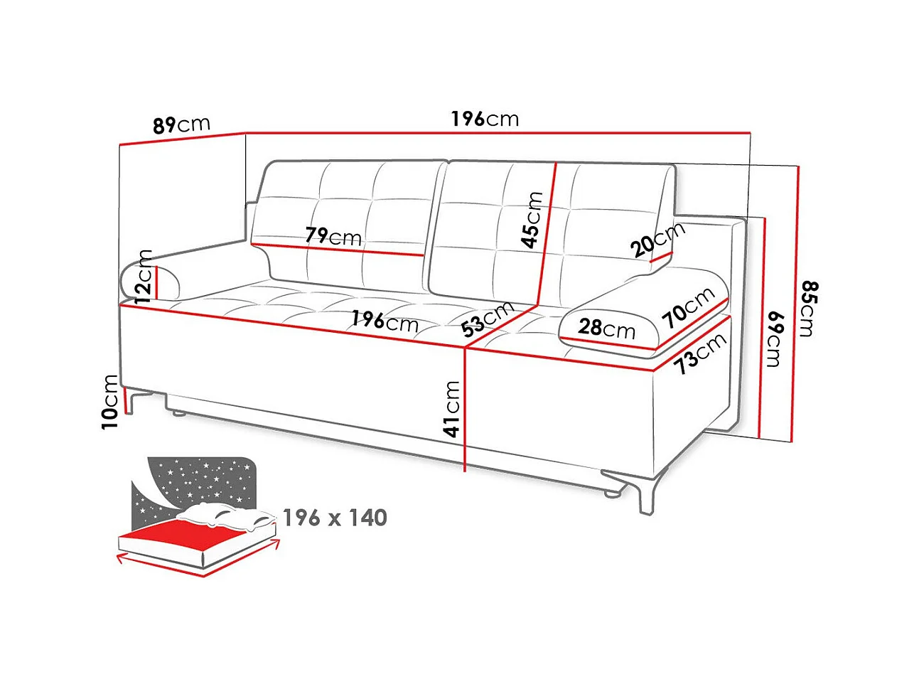 Sofá-cama Independence 100, Almacenaje, 85x196x90cm