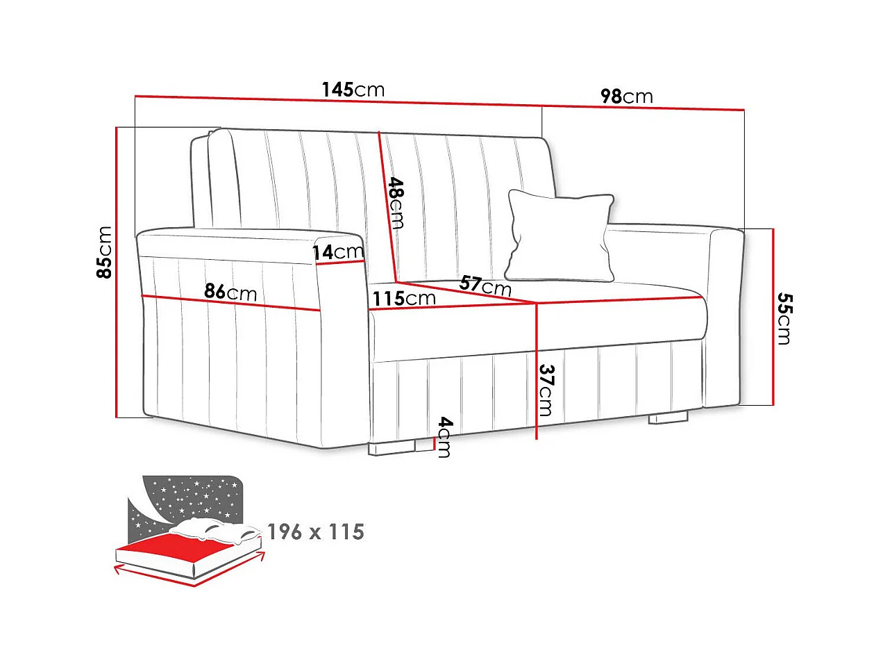 Sofá-cama Columbus 136, Almacenaje, 85x145x98cm, Muebles ya montados