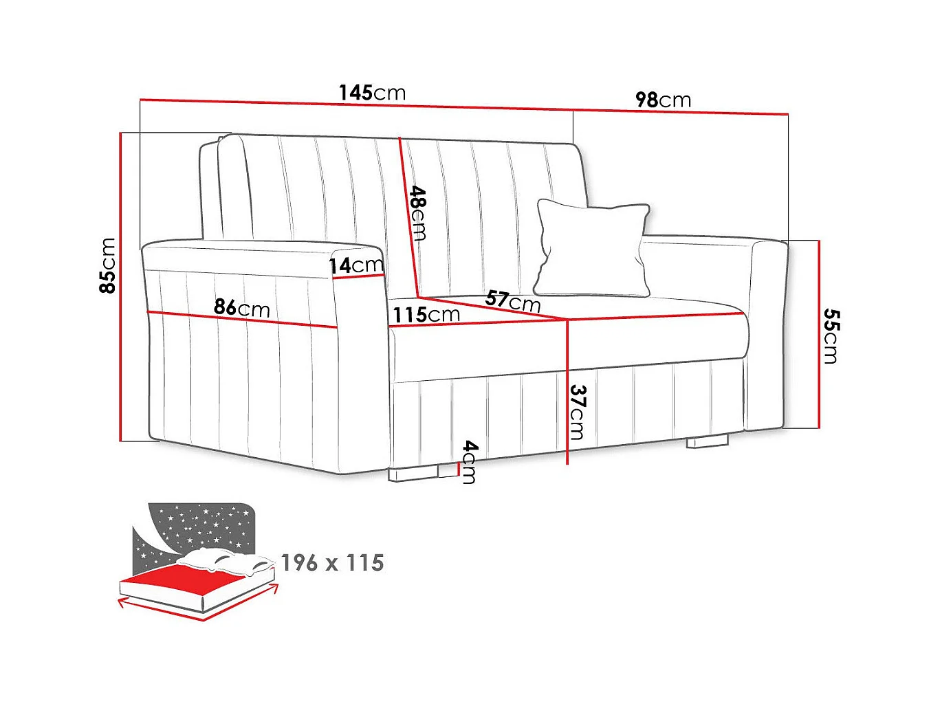 Sofá-cama Columbus 136, Almacenaje, 85x145x98cm, Muebles ya montados