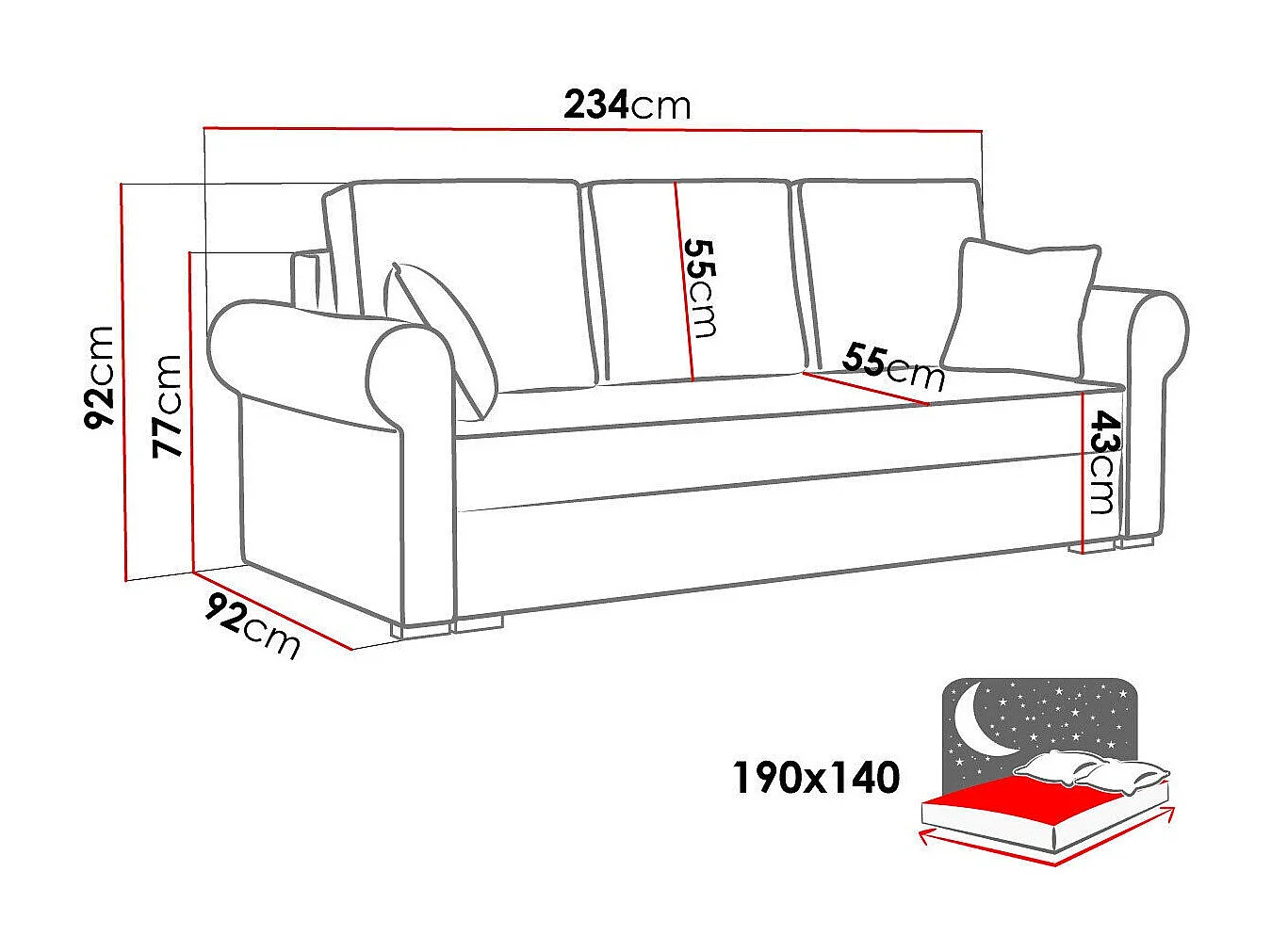 Canapé convertible Columbus 130, Disponible, 92x234x92cm