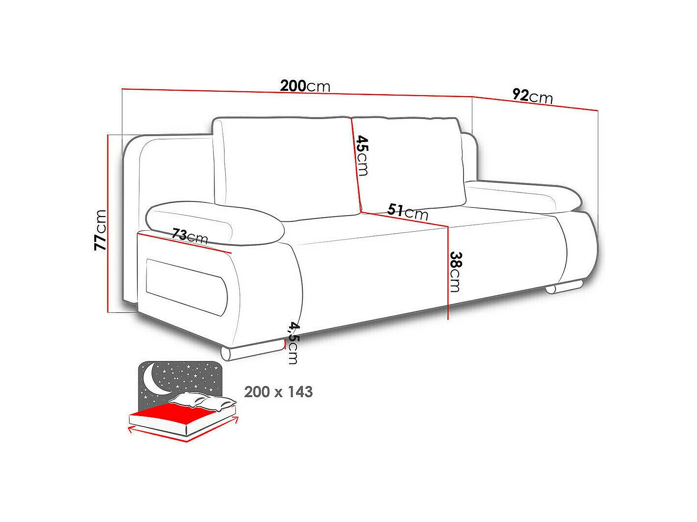 Sofá-cama Comfivo 144, Almacenaje, 77x200x92cm