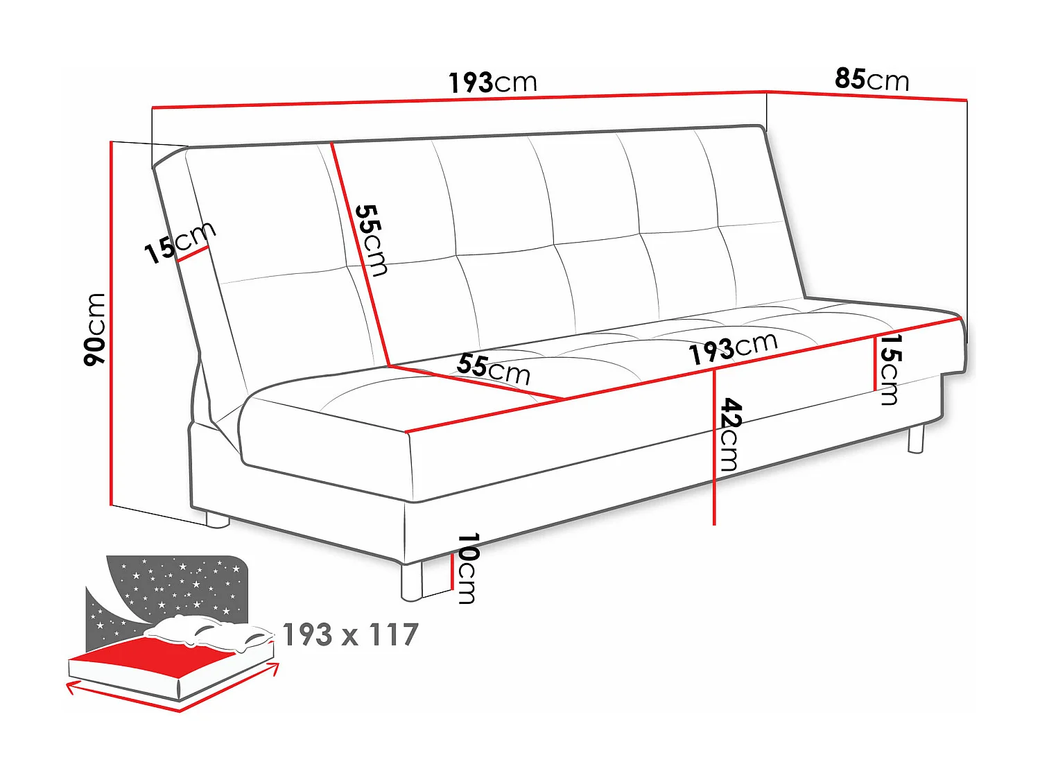 Sofá-cama Columbus 184, Almacenaje, 90x193x85cm