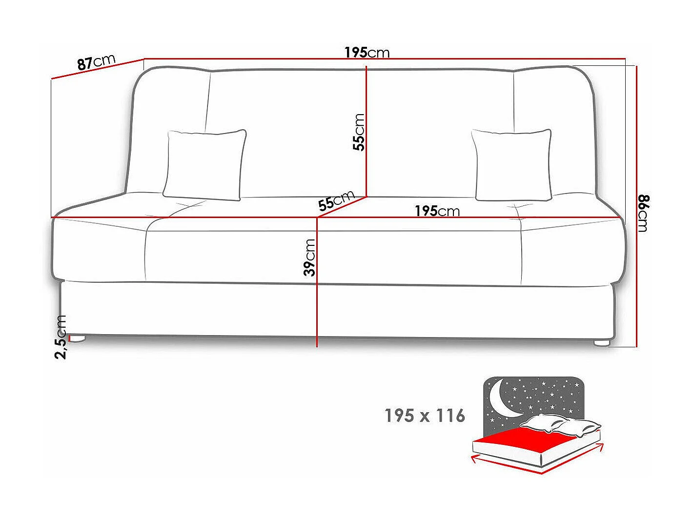 Canapé convertible Comfivo 136, Disponible, 86x195x87cm