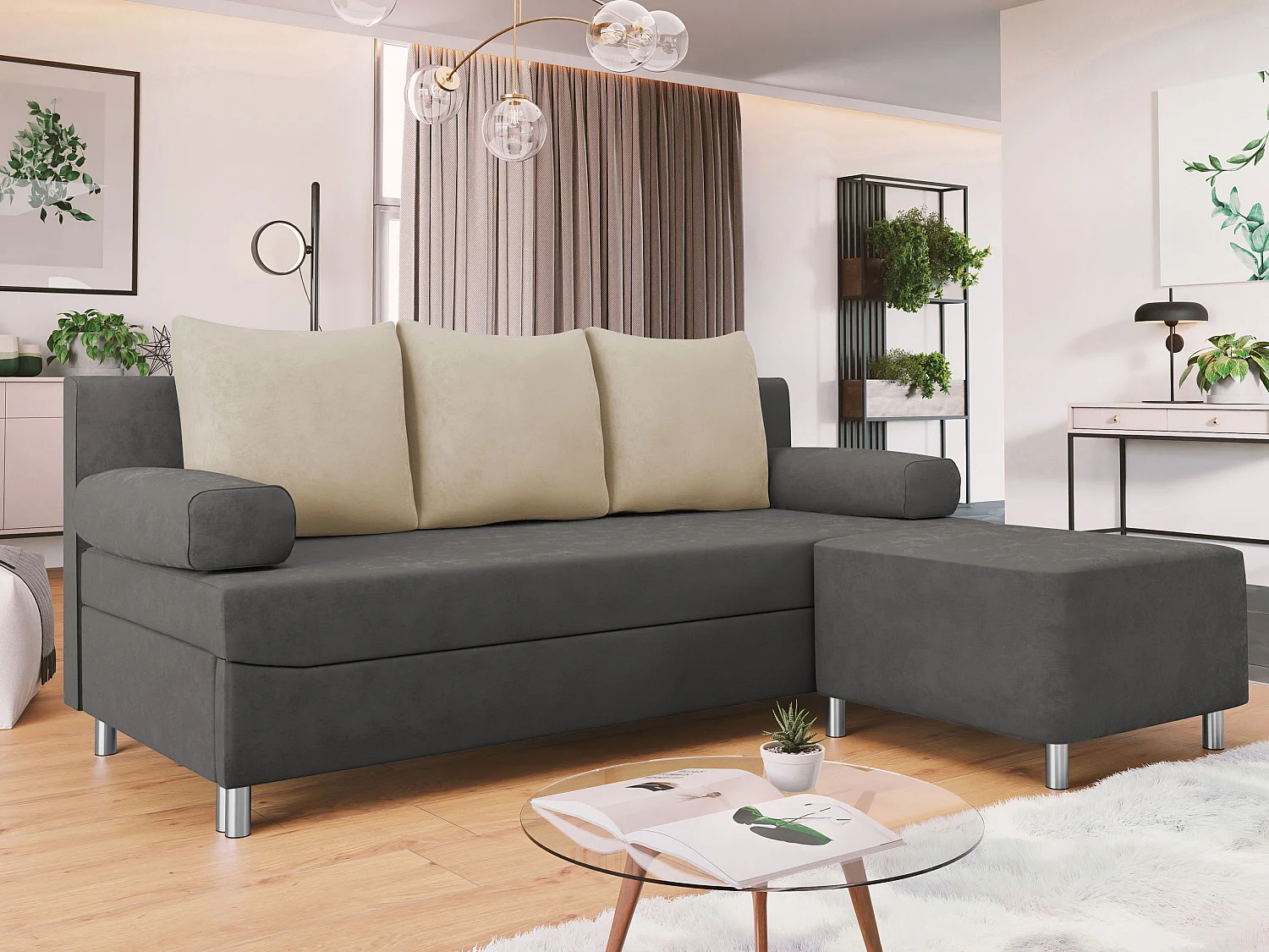 Canapé convertible 2 places en tissu gris 86x192x80 cm