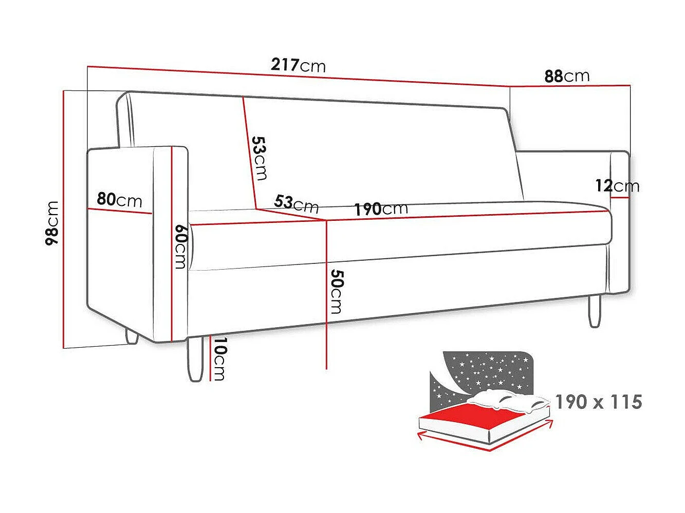 Sofá cama Memphis 136, Cama com arrumação, 10x22x9cm