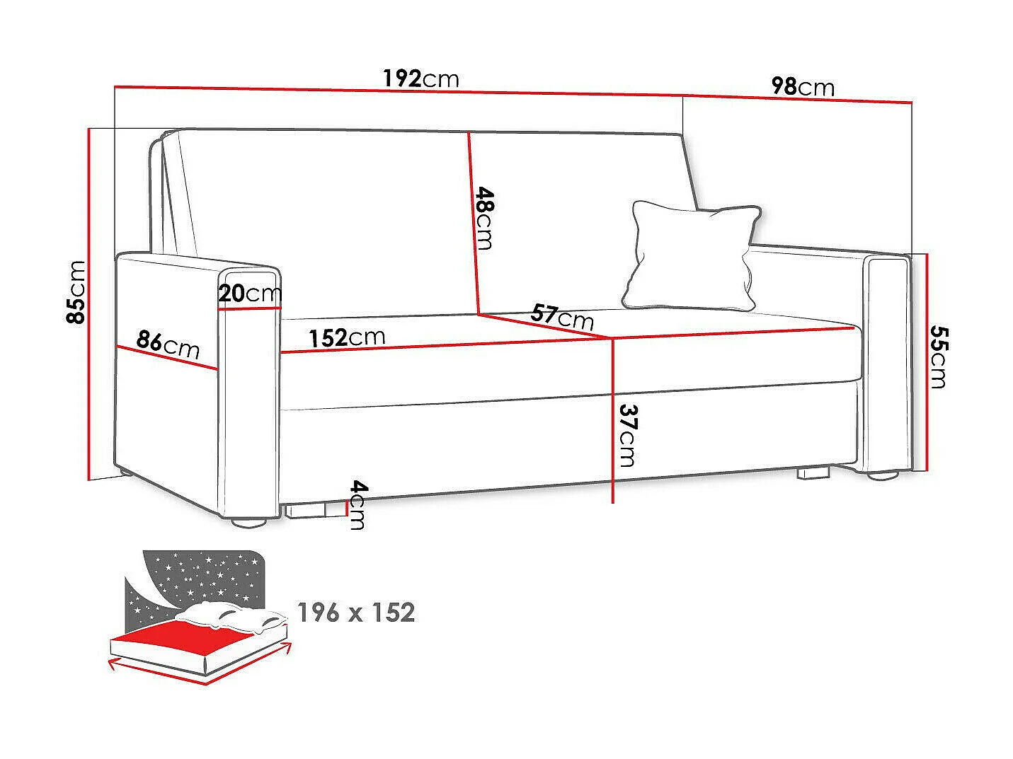 Sofá-cama Columbus 185, Almacenaje, 85x192x98cm, Muebles ya montados