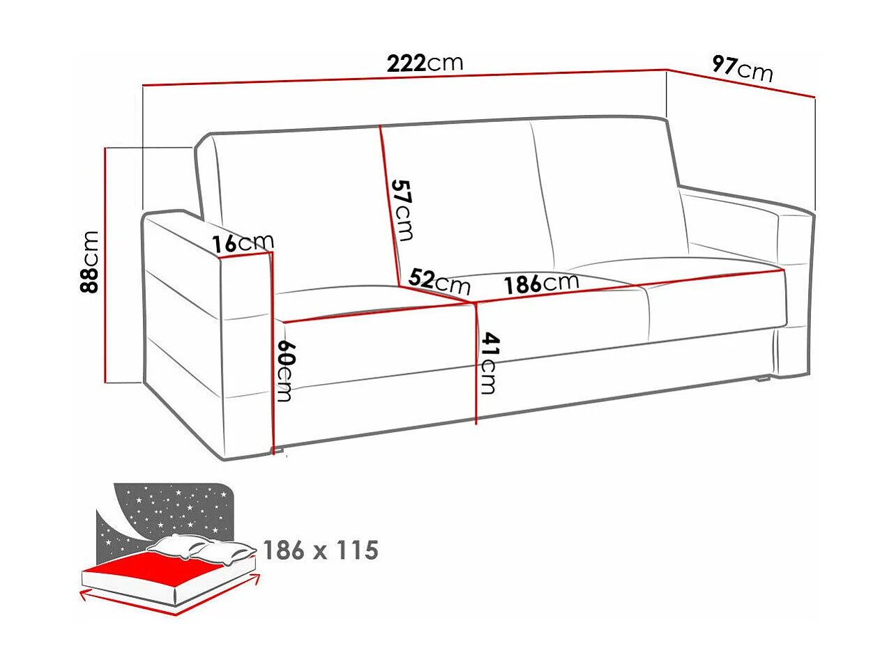 Canapé convertible Providence 169, Disponible, 88x222x97cm
