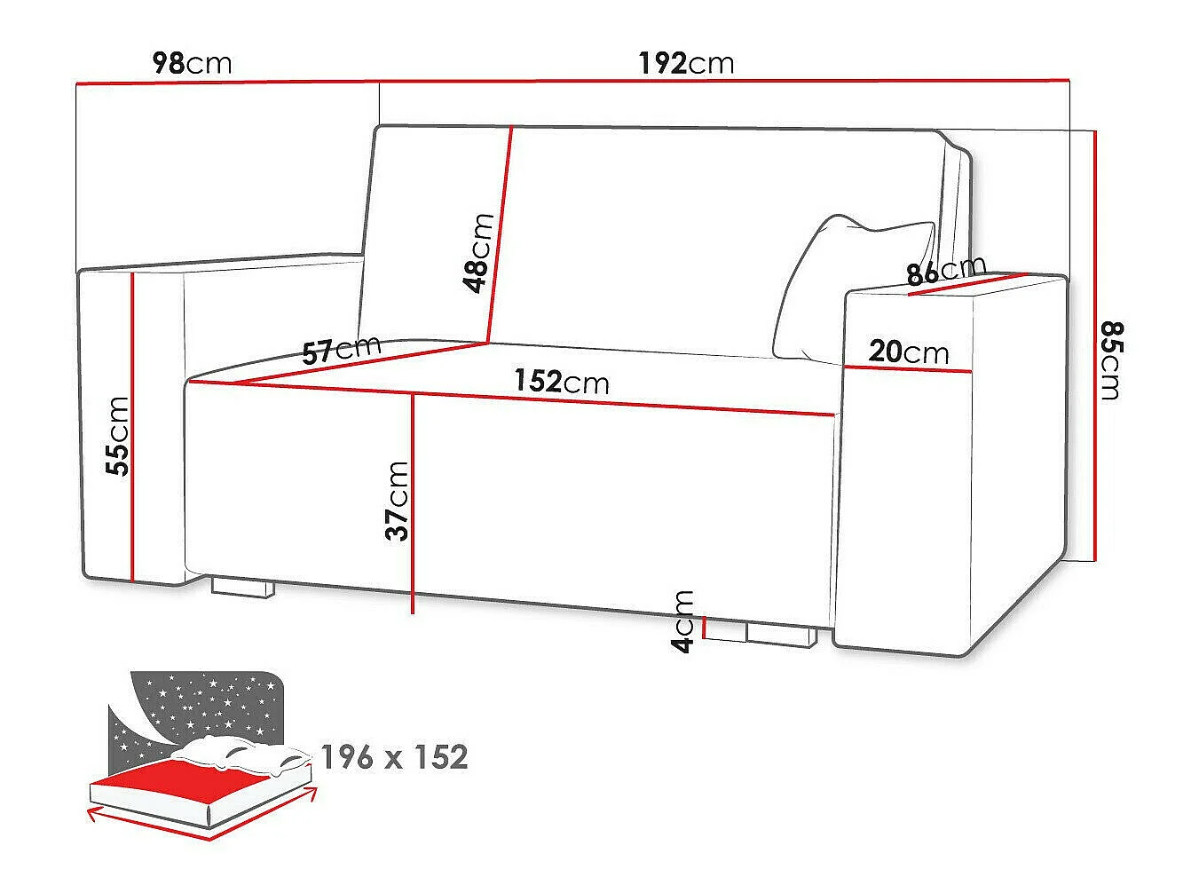 Canapé convertible 3 places en tissu gris COLUMBUS 85x192x98 cm