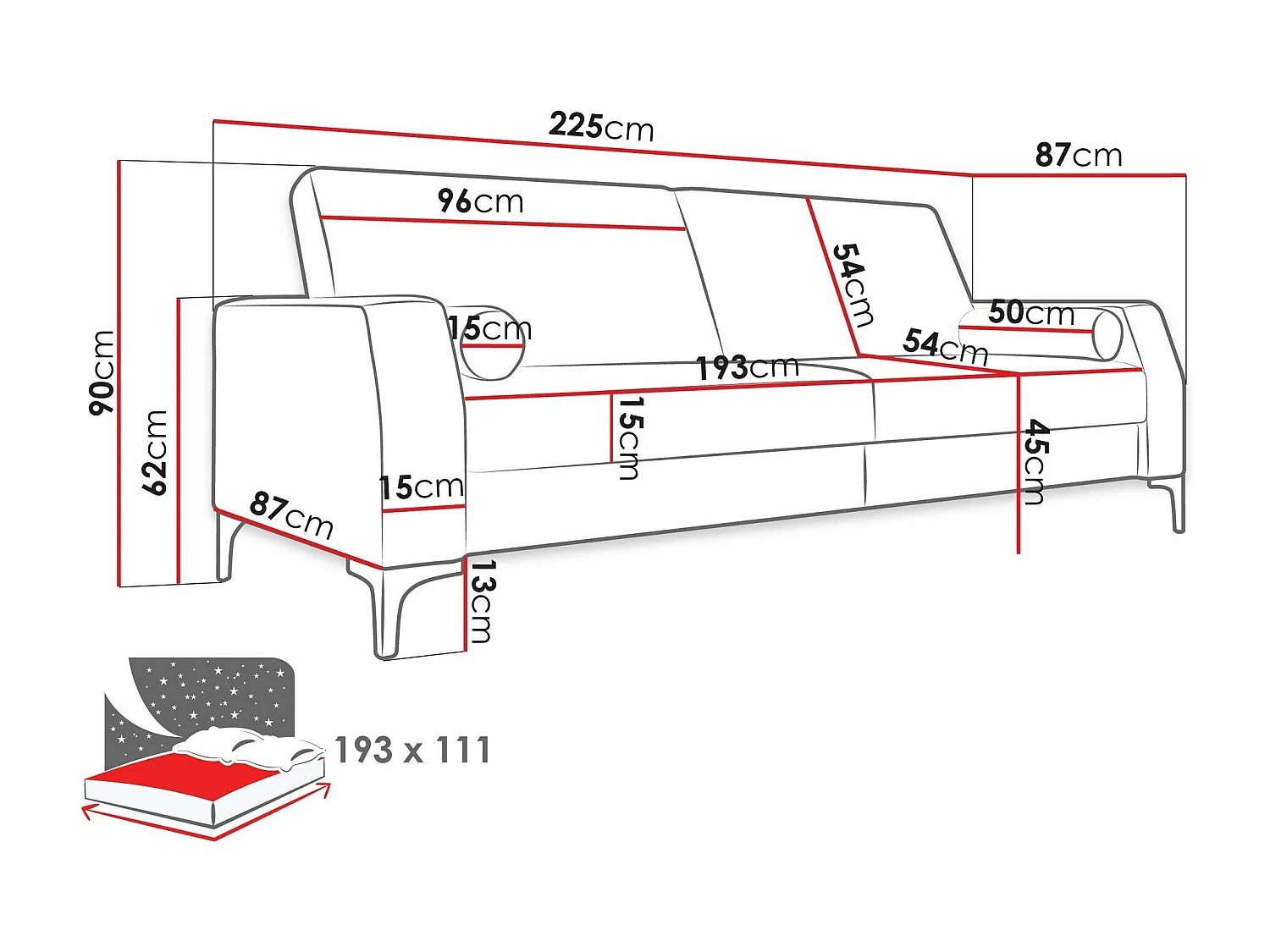Sofá-cama Plano 101, Cama com arrumação, 9x23x9cm