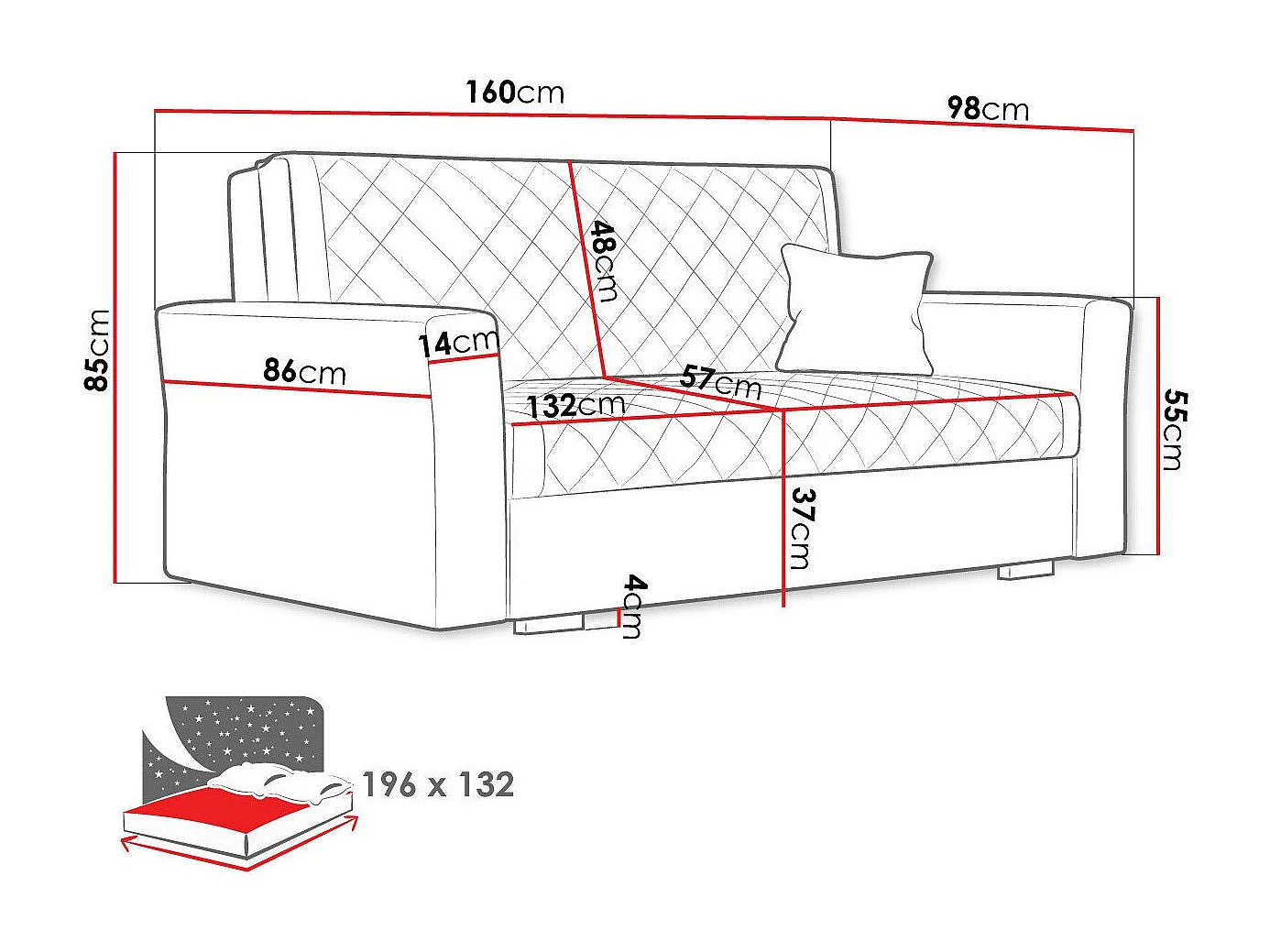 Canapé convertible Columbus 147, Boîte de literie, 85x160x98cm, Mobilier déjà assemblé