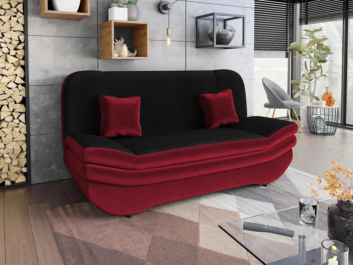 Canapé convertible clic-clac 2 places en tissu rouge 95x200x90 cm